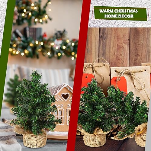 Miniatura 7 de Yinder 6 piezas de mini árbol de Navidad artificial de 7.87 pulgadas, mini árbol de Navidad de pino en miniatura de Navidad con base de lino para