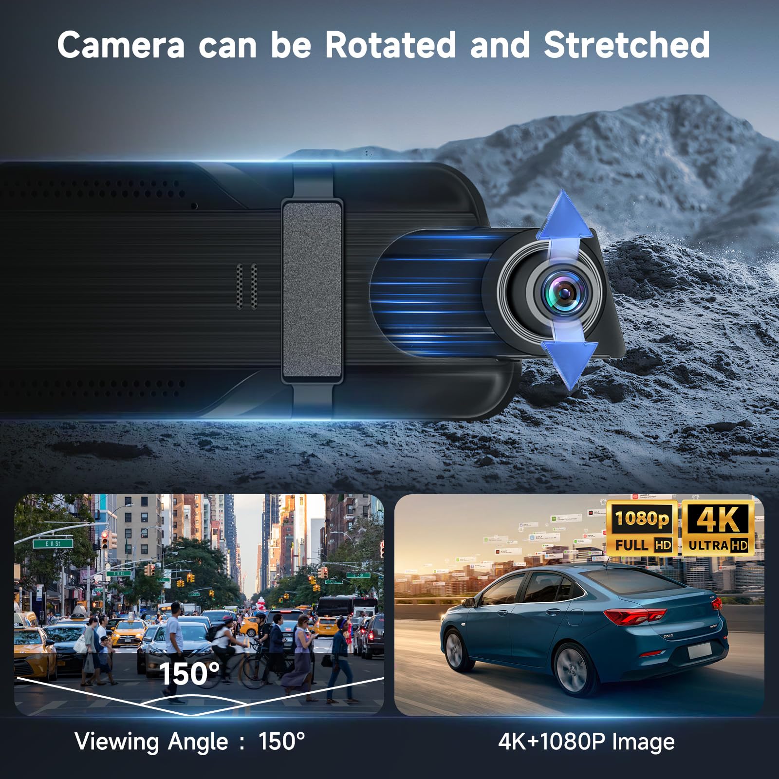 9.66‘’ 4K+1080P Dashcam Rétroviseur Wi-FI et Contrôle par Application,Carte TF 64 Go, Détection de Gravité, Surveillance du Stationnement, Assistance à la Marche Arrière, Enregistrement en Boucle