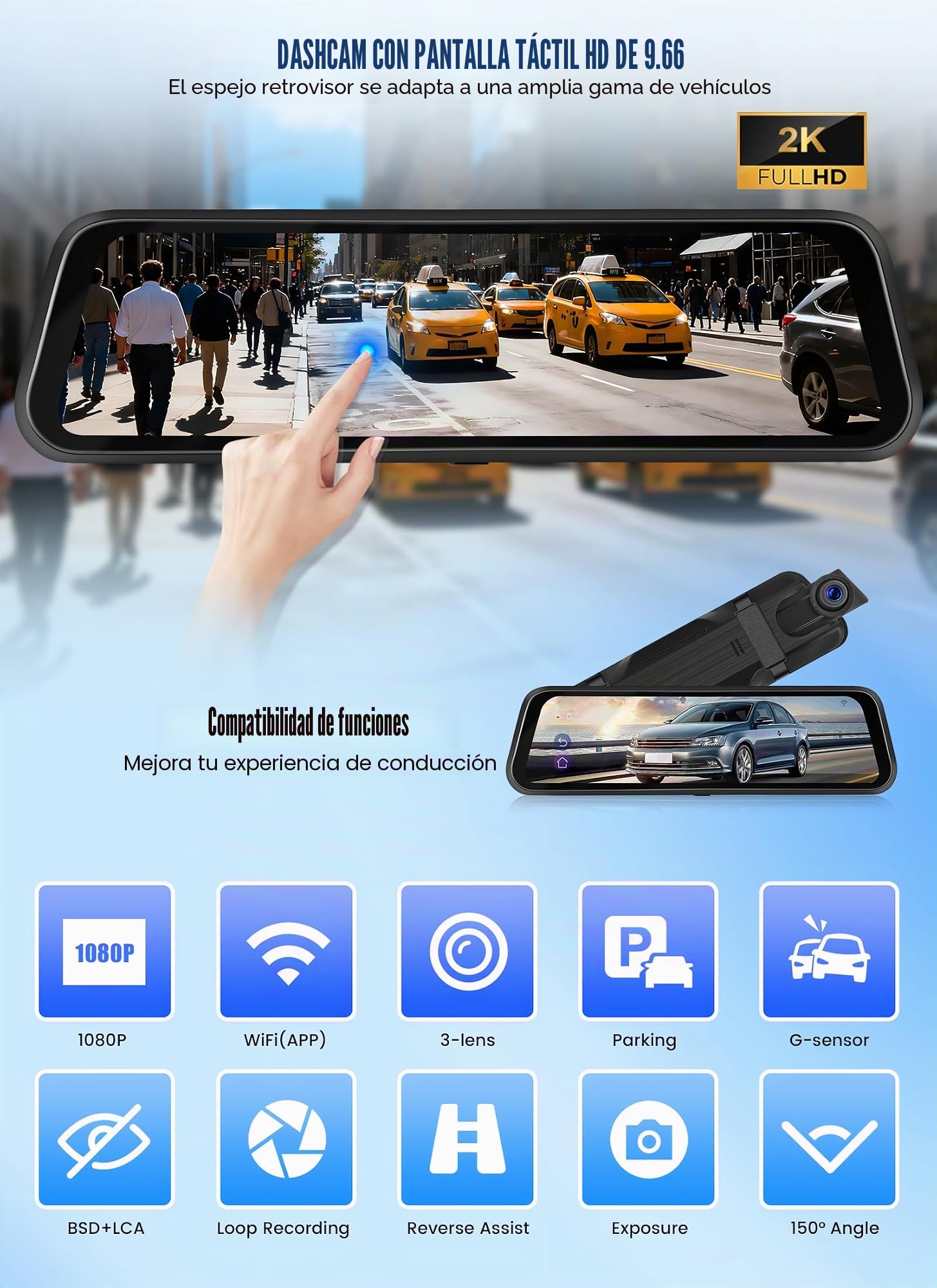 CAMECHO Mirror Dash CAM Pantalla de 9.66 Pulgadas 2K, Dashcam con Tres Cámaras: Frontal/Interior/Trasera -WiFi grabación en Bucle/Sensor de Gravedad/Asistencia al estacionamiento