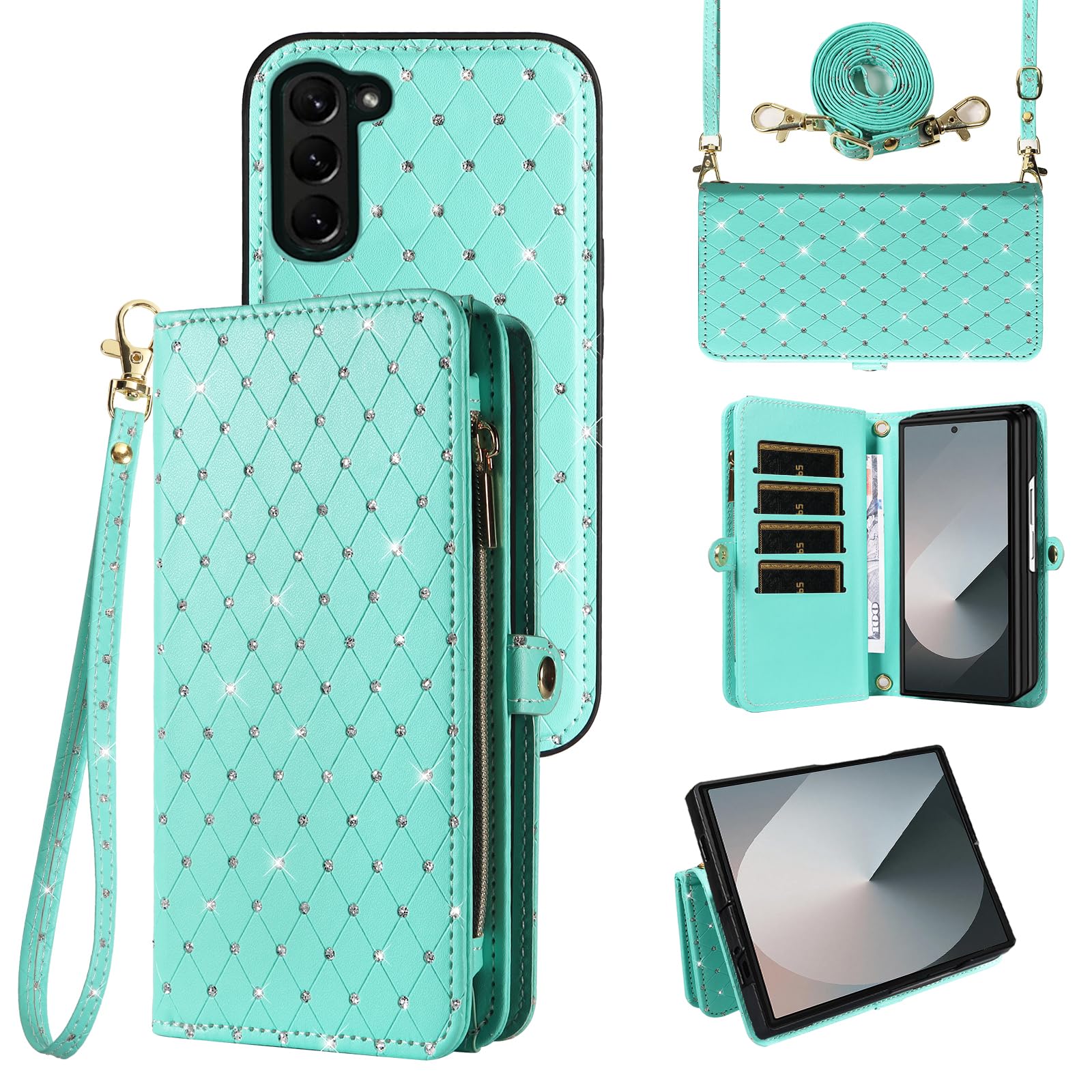 Asuwish Phone Case for Samsung Galaxy Z Fold 6 5G 2024 Zipper Wallet Detachable Cell Cover with Crossbody Lanyard Strap Bling Glitter Flip Card Holder
