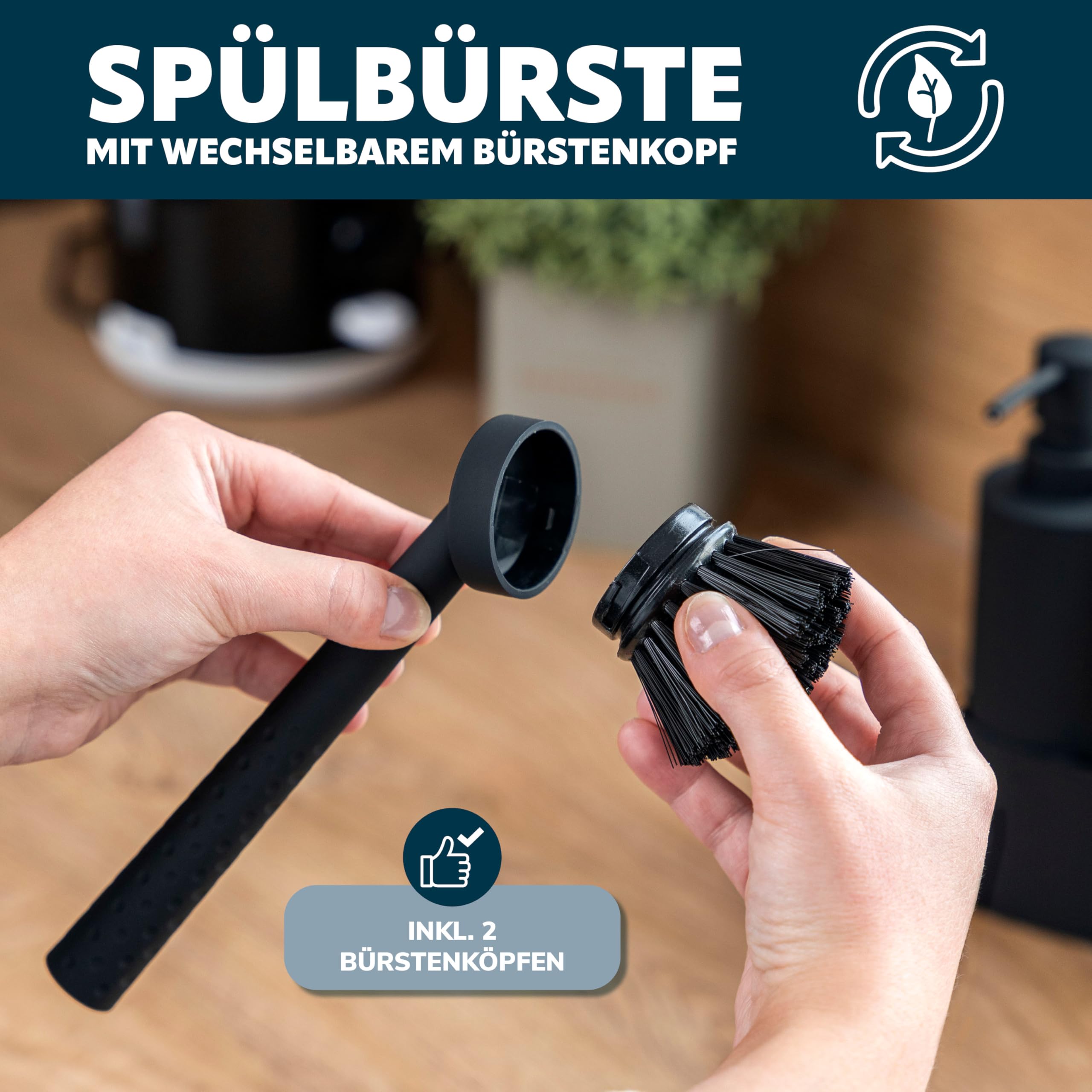 eluno Spülbecken Organizer mit Soft-Touch Oberfläche für Küche & Bad, Spülutensilienhalter inkl. Seifenspender, Spülbürste mit Bürstenkopf und Spültuchhalter, mit Ersatzbürstenkopf und Pumpe (Rund)
