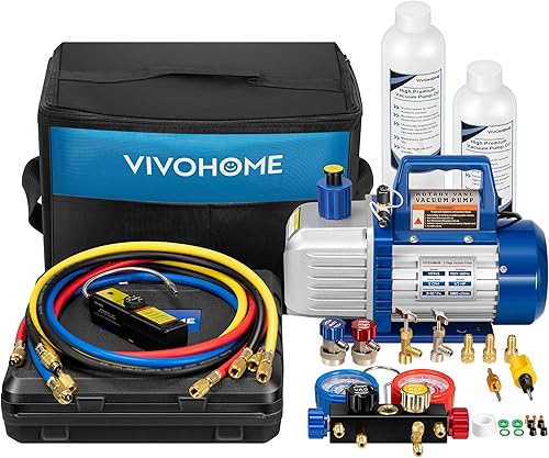 VIVOHOME Bomba de vacío HVAC de 2 etapas y 110 V 12 HP 5CFM y kit de manómetro de CA de 4 vías con detector de fugas mangueras de 5 pies para R134a