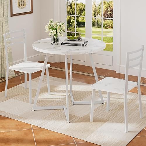 VECELO Juego de mesa de comedor redonda pequeña para 2, mesa de madera con marco de metal fuerte, comedor moderno con sillas para cocina, rincón de