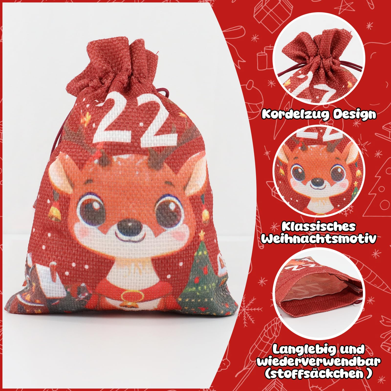 Calendrier De L'Avent 2025 à Remplir En Tissu – 24 Sachets DIY Avec Étoiles, Chiffres En Bois & Corde – Idéal Enfants & Famille, Ambiance Noël Magique