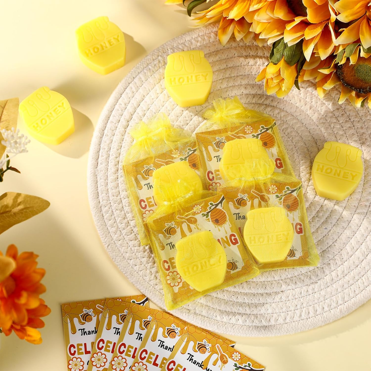 Conelist 72 Pcs Bee Themed Shower Soaps Set Honey Party Favors Guest Gifts with Thank You Cards Bags Bulk, Scented Soap or Gender Reveal Birthday Party Decoration Wedding Gifts