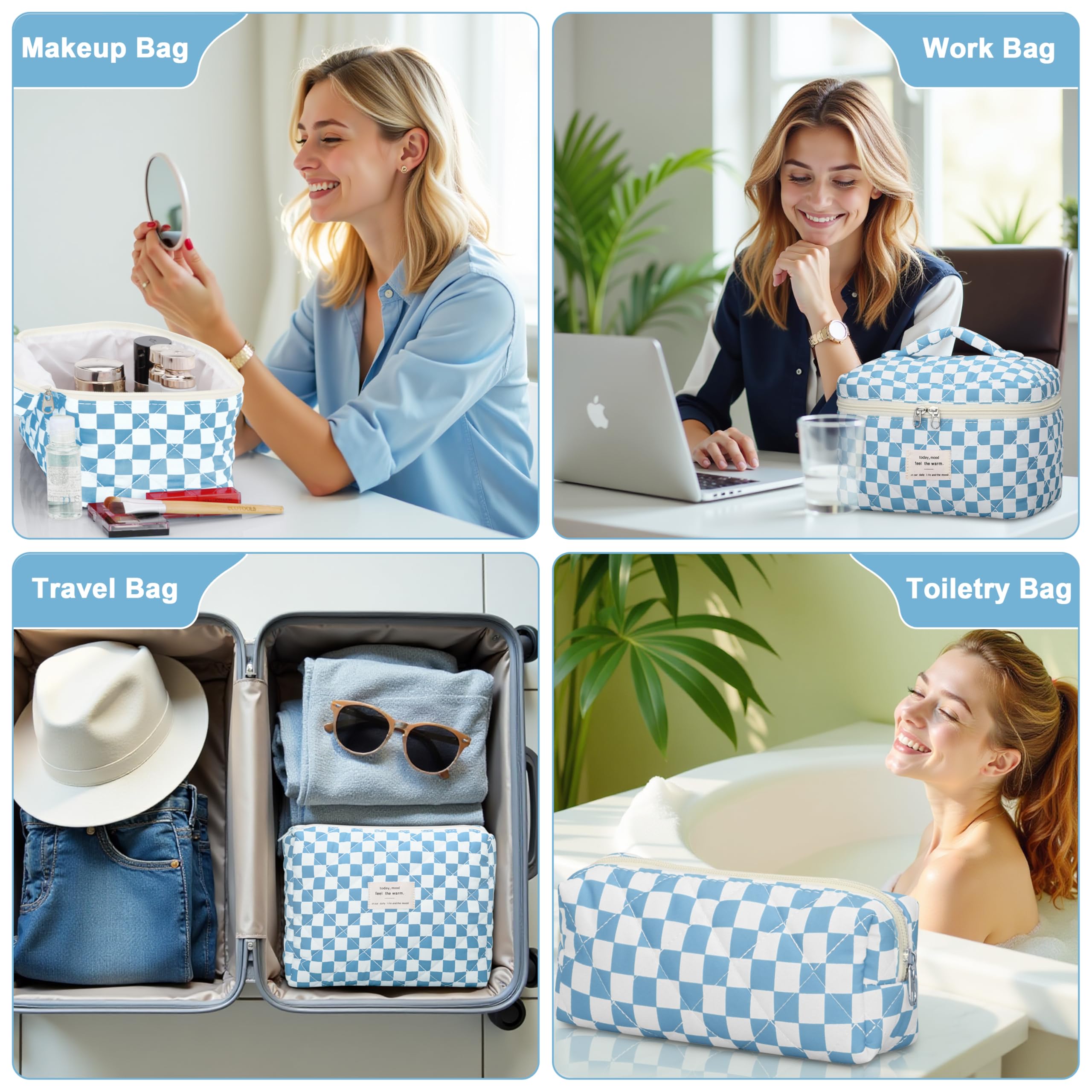 TESAFNG Juego de 3 bolsas de maquillaje acolchadas, bonitas bolsas de maquillaje de algodón floral, bolsa grande de cosméticos estética, bolsa organizadora de artículos de aseo de viaje con flores