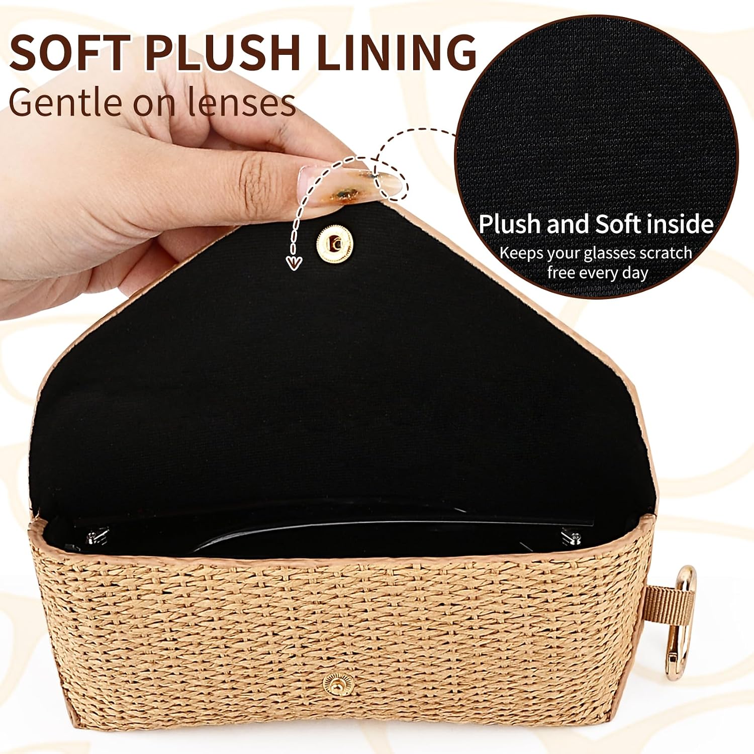Sunglasses Case Hard Shell Protective, Woven Straw Eyeglass Case for Women Men, Slim Glasses Holder with Clip & Strap, Travel Eyewear Organizer with Anti-Scratch Velvet Lining