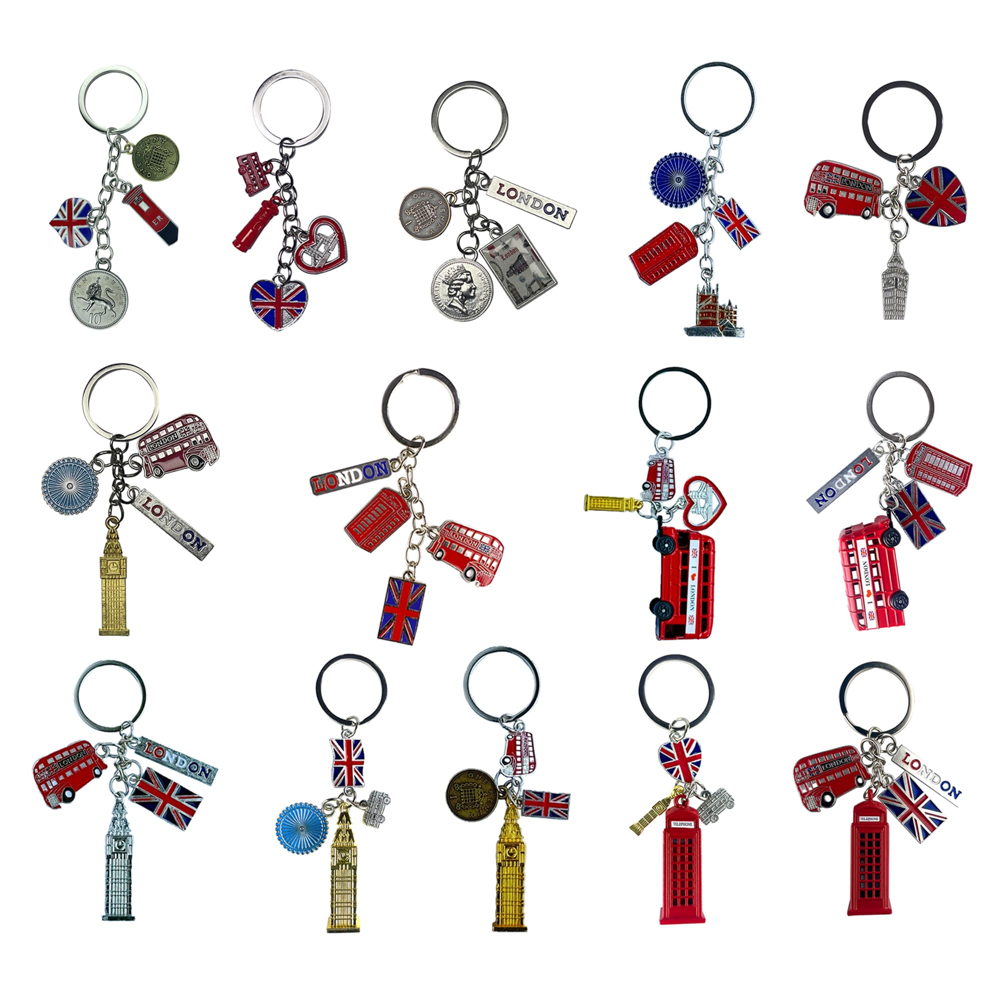 Lilaj Unisex Multi Set Of 12 London Souvenir Chain Keychains, British Icons - Telephone Booth, Double-Decker Bus, Big Ben, 3D Replicas, Ideal For Keys & Bags, Cute Keyring Ornament, Home Decor Gift