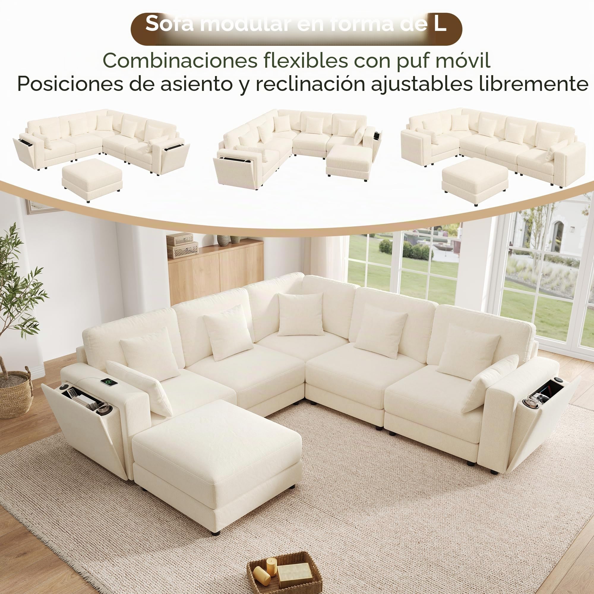Sofá Modular en Esquina en Forma de L/U, 6 Plazas, Chenilla Gris, con Ottoman, Puertos USB y Tipo C, Portavasos, 215x215x82 cm (Beige + Chenille + 6 Seat)