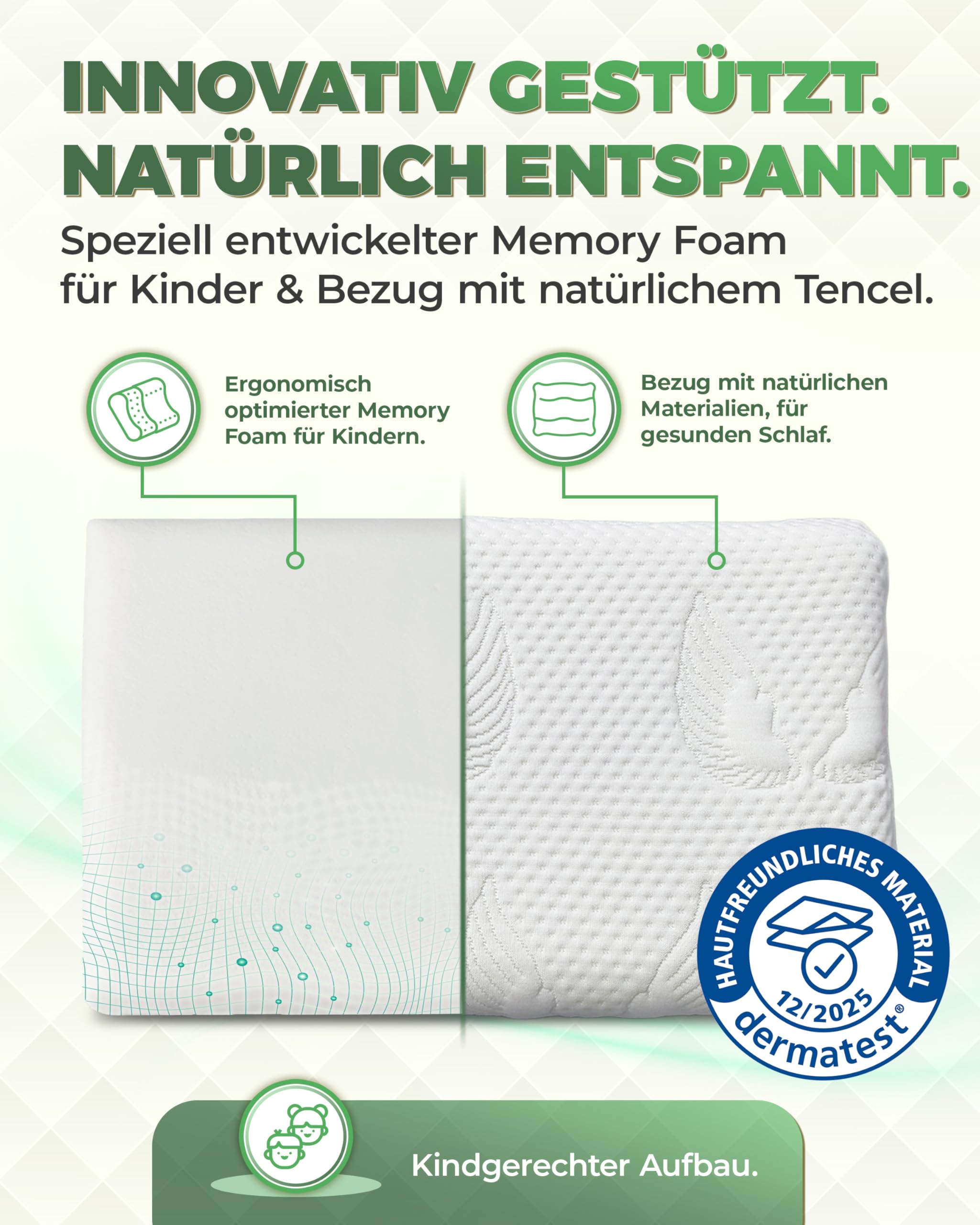 Welldora Kinderkissen Memory Foam 30x50 cm ergonomisches Kopfkissen für Kinder 2-8 Jahre mitwachsend atmungsaktiver 3D-Tencel-Bezug Oeko-TEX zertifiziert