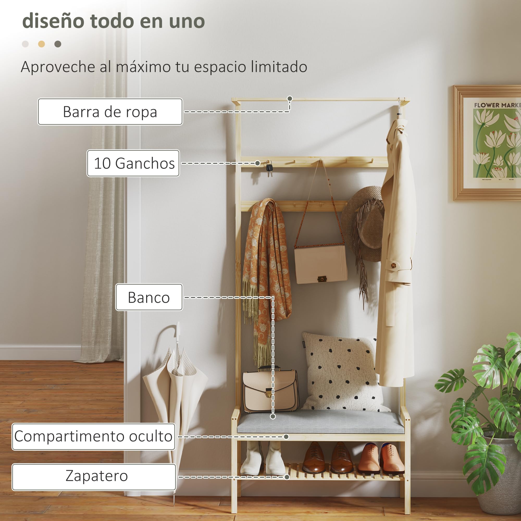 HOMCOM Perchero Zapatero Perchero Entrada Recibidor con 10 Ganchos Banco Zapatero Barra Superior y Compartimento para Pasillo Dormitorio 73,5x34x171 cm Natural