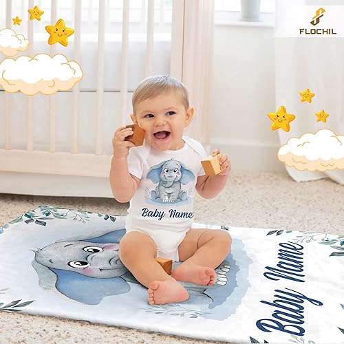 Miniatura 5 de FLOCHIL Mantas de bebé personalizadas, manta de bebé personalizada  Manta de bebé con nombre para niños, el mejor regalo para bebé, elefantes recién