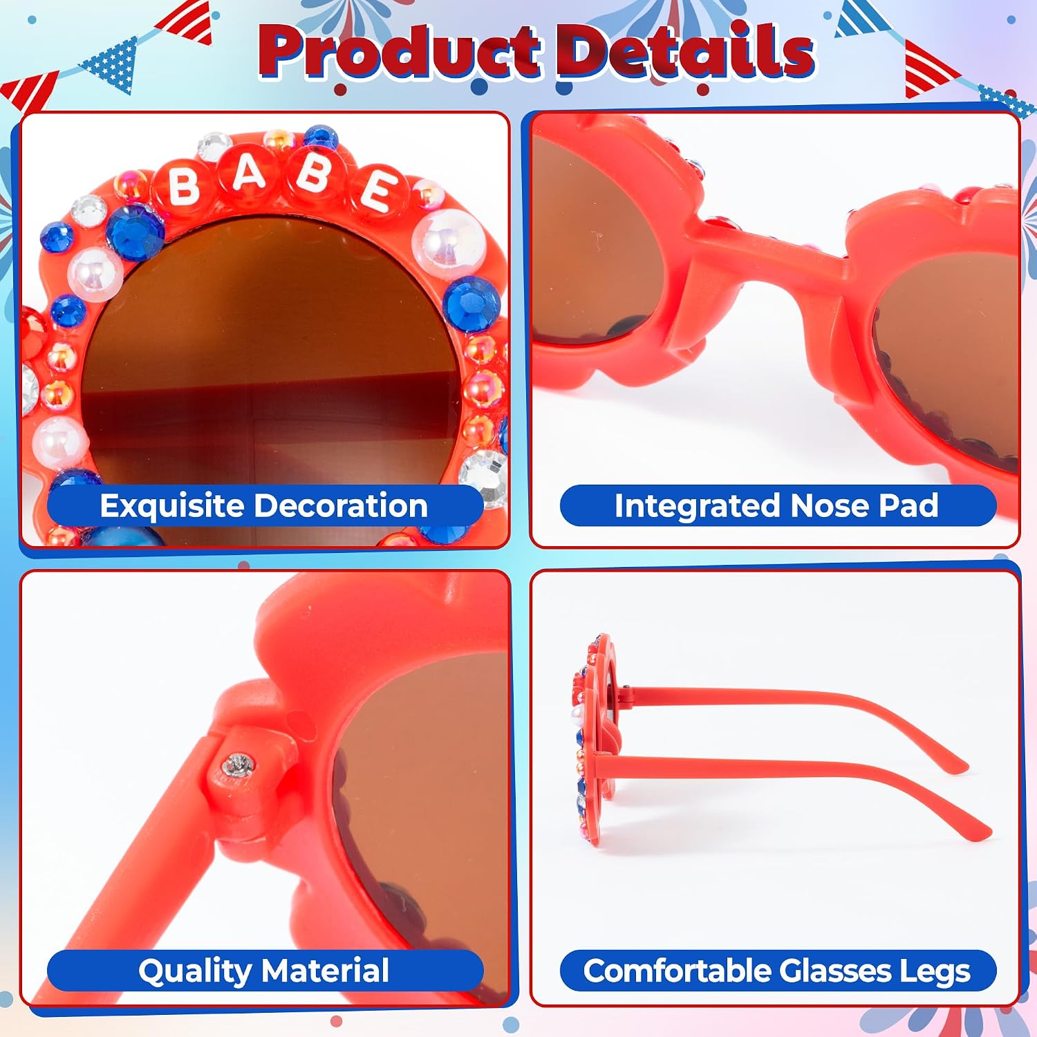 PANTIDE American Babe Sunglasses - Red White Blue Pearls Rhinestone Round Shaped Sunglasses, Fourth of July Patriotic Party Favors Outdoor Beach Glasses Accessories, Jewelry Gift for Kids (Red)