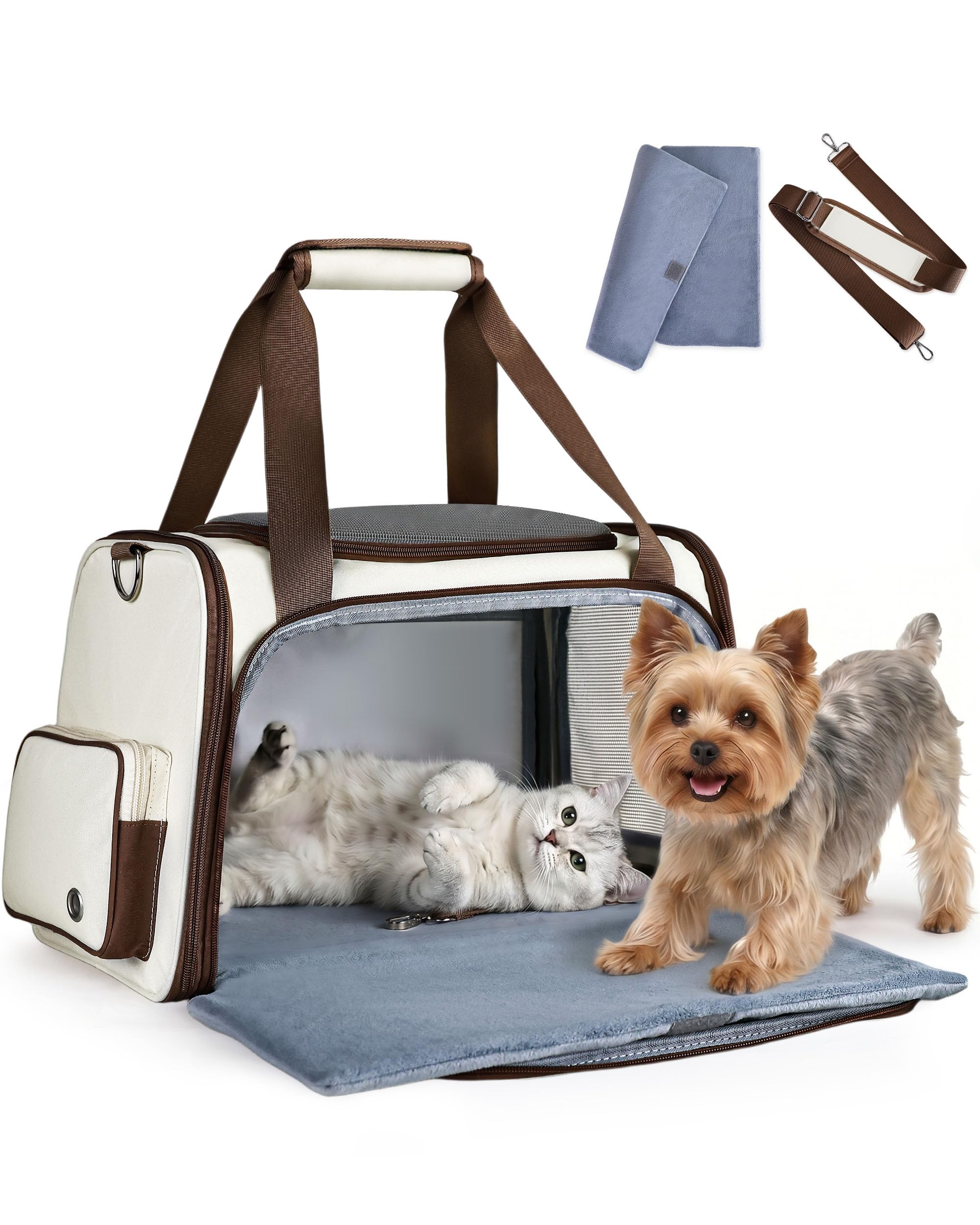 HOMESPON Cat Carrier Airline Approved, Foldable Pet Travel Bag with Steel Frame & 3-Layer Removable Mat, Soft Sided Dog Carrier with Anti-Escape Zipper for Commuting, Road Trips, Up to 9kg/20lbs