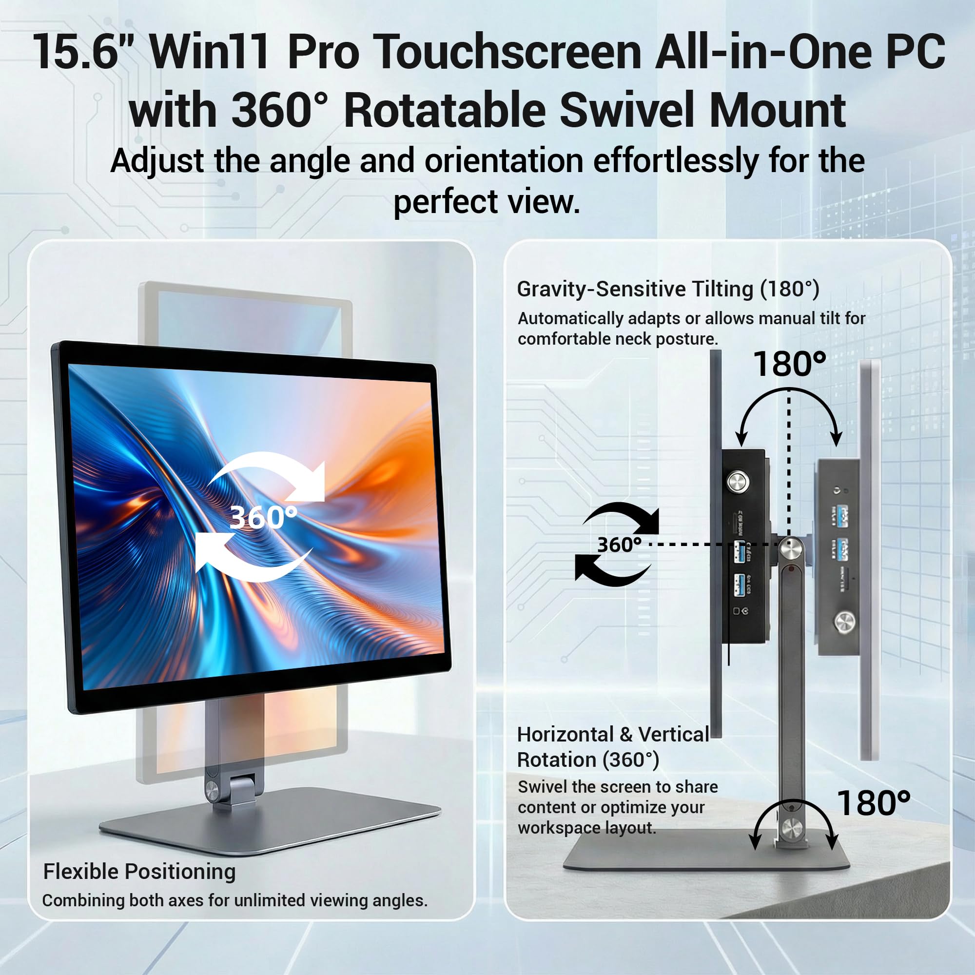 Touch Panel PC-HEIGAOLAPC Industriale Pannello PC Tablet 15.6" Win11 N5095, Fanless Touchscreen Computer All in One con Supporto Girevole, 8GB RAM 128GB ROM, 1920x1080 FHD, USB3,0, HDMI, Type-C, RS232
