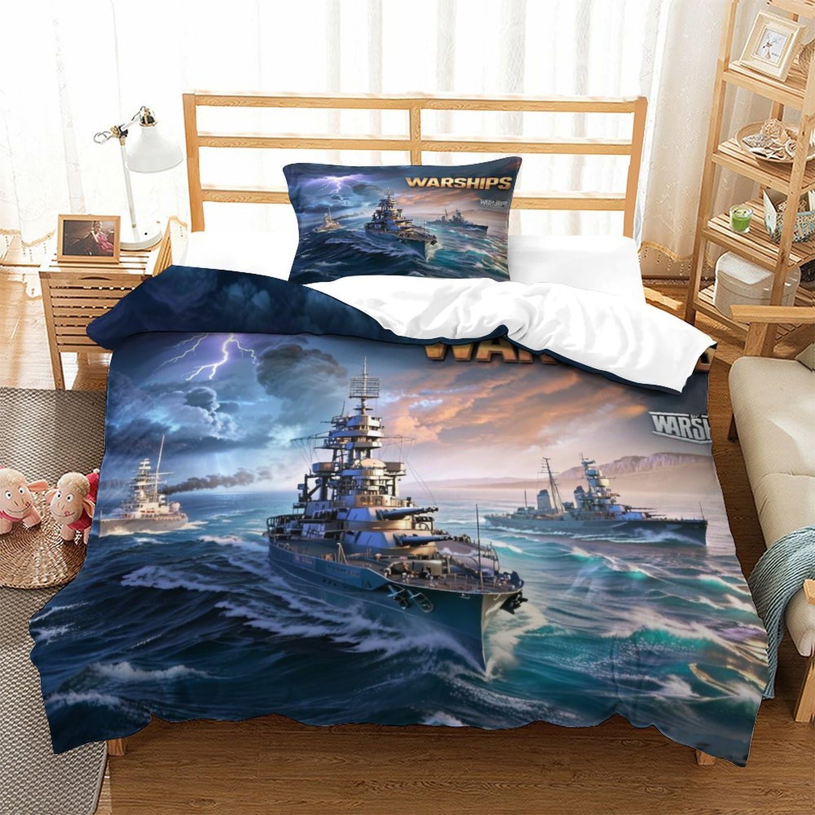 LILIlaobiao Single（135x200cm） Bismark Battleship Bedding Set, Washable With Hidden Zipper Duvet Cover WW2 Warship Quilt Cover Soft Microfiber, WW2 Warship Bed Linen Set for Kids & Adults