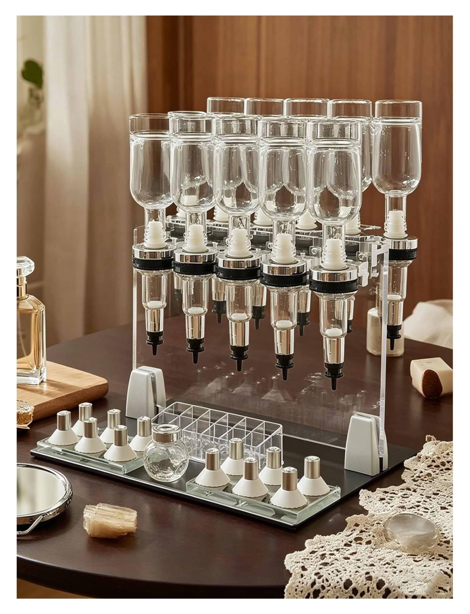 Máquina de llenado manual de perfume con 12 cabezales y organizador de 200ml