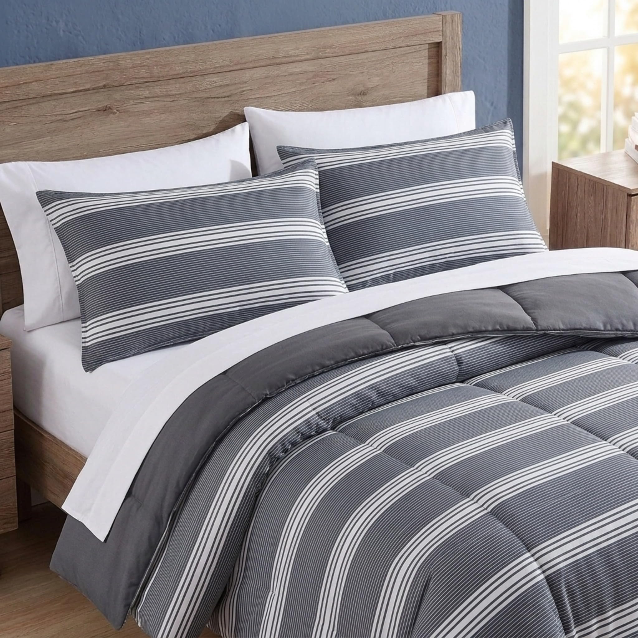 Nautica | 100% cotone accogliente e morbido, durevole e traspirante a righe e federe coordinate, grigio, Twin XL