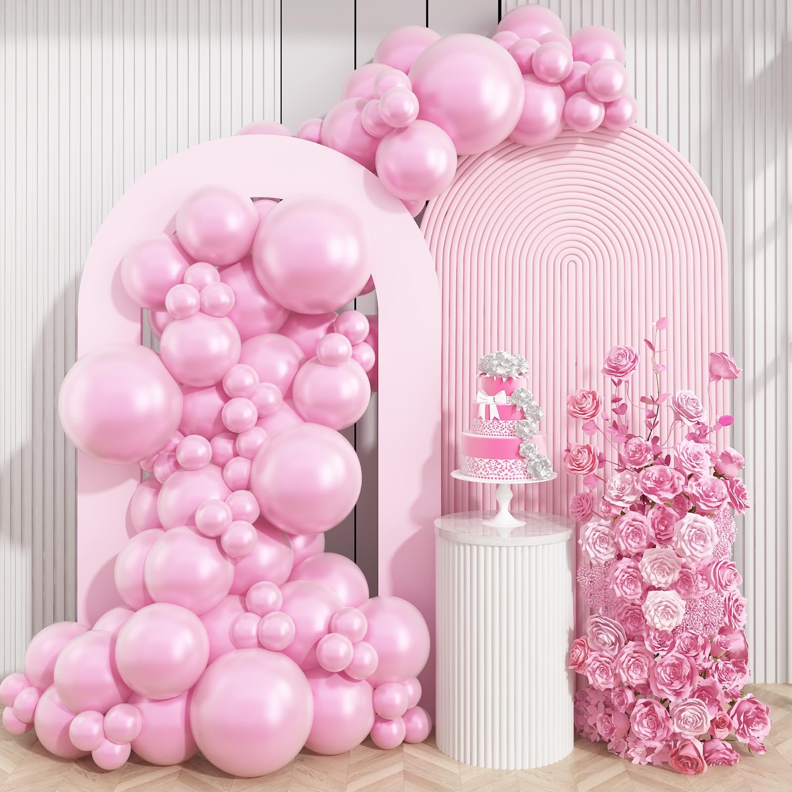 Pearl Pink Double-Stuffed Balloons Arch Garland Kit, 60 Pack 18/12/10/5 Inch Different Size Pearl Light Macarons Pink Balloons for Wedding Bridal