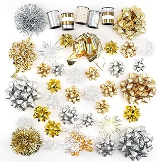 WRAPAHOLIC 40 Pcs Gift Bows Assortment - 28 Assorted Size Gift Bows(Gold&Silver&White), 1 Pull Bow, 2 Tinsel Bows, 2 Fountain Bows, 2 Curly Bows, 4 Curling Ribbons, 1 Cotton Twine