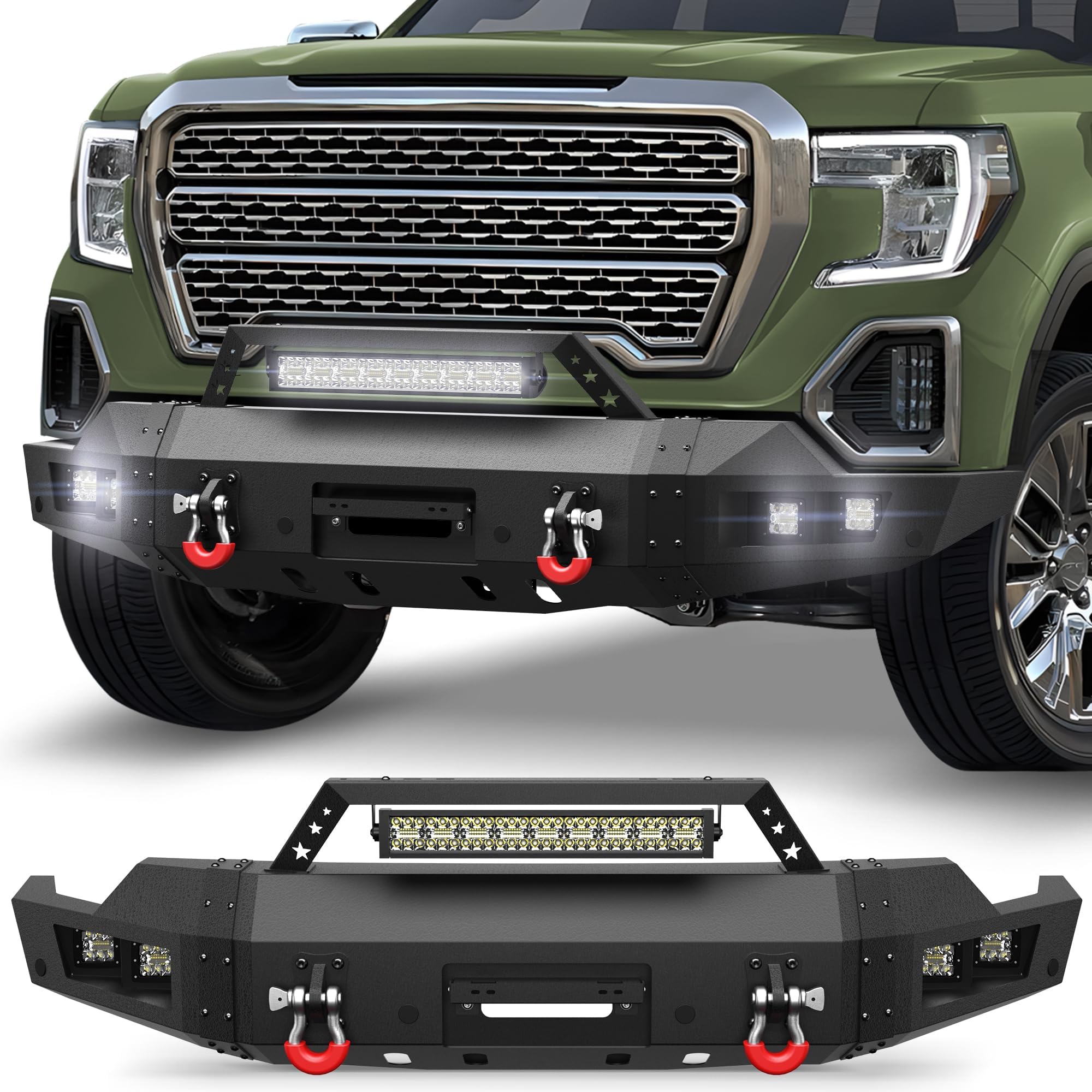 Sierra Full Width Front Bumper with Winch Plate for 2019-2022 GMC Sierra 1500, 2019 2020 2021 2022 Sierra 1500 Steel Bumper w/LED Lights, D-rings (2019 Not Fit Limited and 2022 Only Fit Limited)