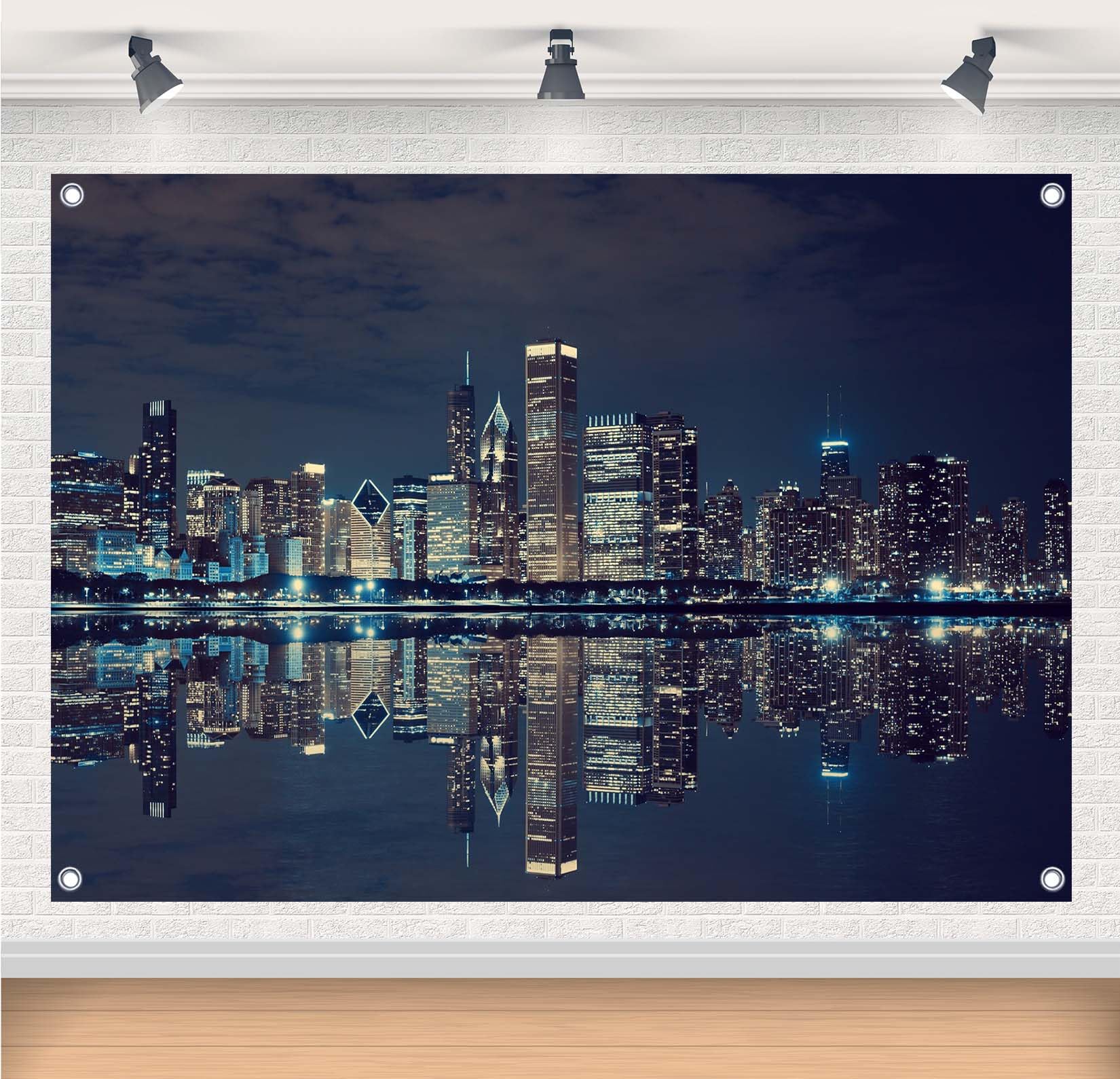 Gorpic 20x10ft Fabric Chicago Backdrop Banner Chicago Skyline Night View Background City Light Reflection Photography Backdrop City Theme Party
