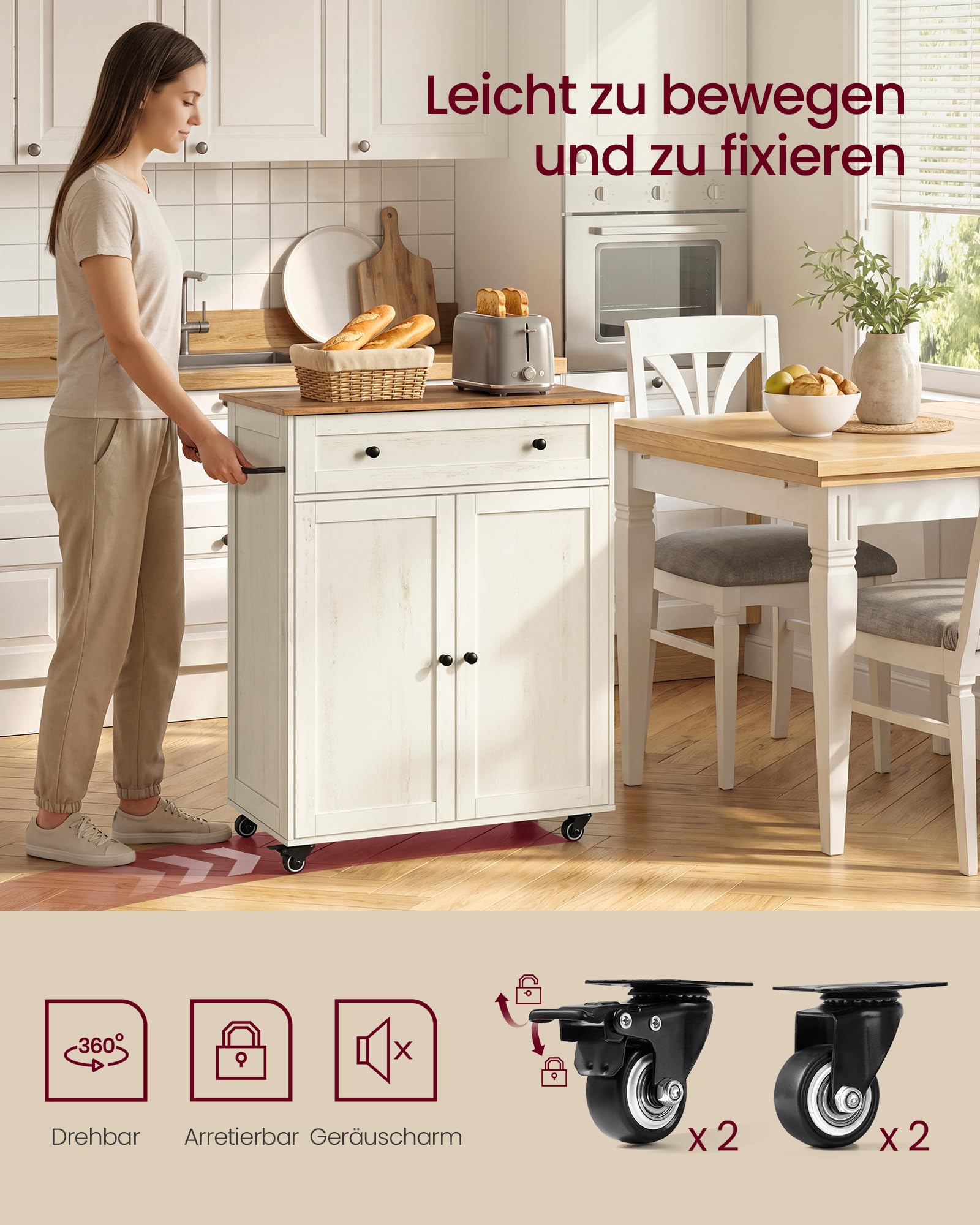 VASAGLE Siren Kollektion - Küchenschrank, Kücheninsel, Küchenwagen mit Arbeitsplatte, Rollen, Rollwagen Küche, Schublade, Landhausstil, verstellbare Ablage, wolkenweiß-honigbraun KKI009WJ01