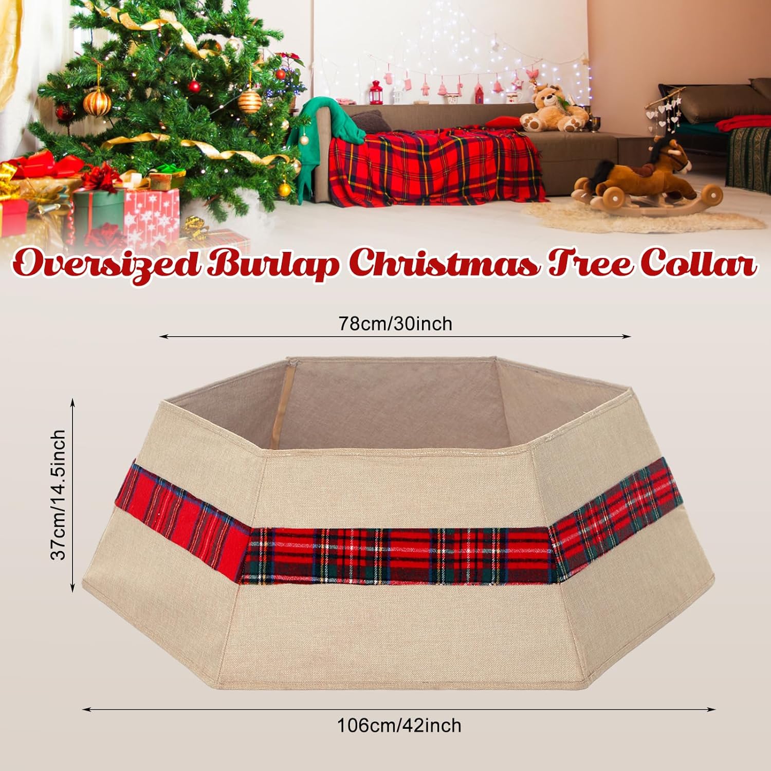 Jenaai 42 Inch Extra Large Tree Burlap Collar with Red Buffalo Plaid for 12ft Large Christmas Tree Xmas Tree Ring Christmas Tree Skirt for Holiday Party Decoration, Easy Set up