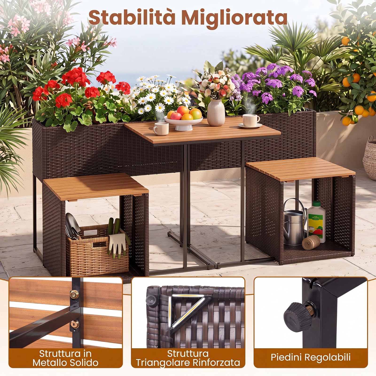 SOARS Salotto da Giardino Esterno con Tavolino, 2 Sedie, Fioriera (Marrone) | Set Mobili da Giardino in Rattan con Vano Portaoggetti e Fioriera Rialzata per Giardino, Balcone e Bordo Piscina
