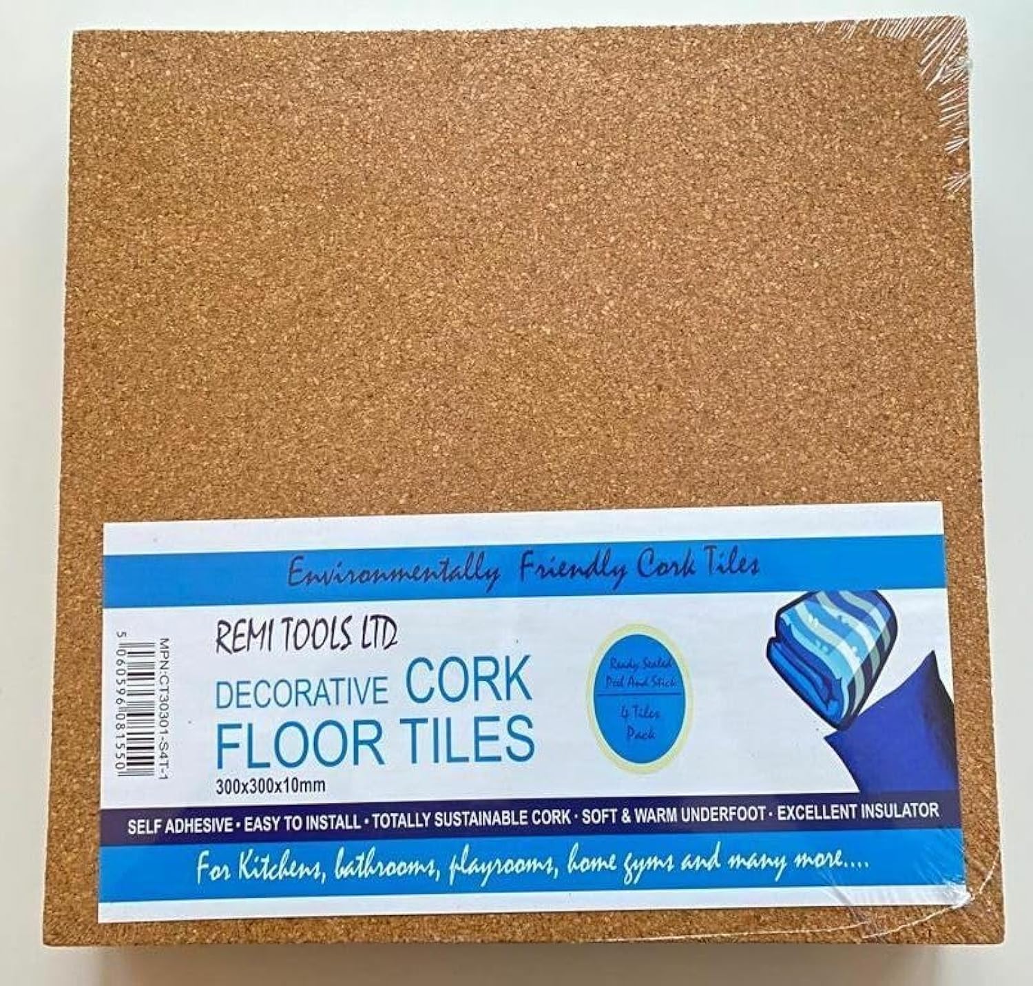 10 mm Thick Natural Cork Tiles Pack of 4 by REMI TOOLS LTD, Self Adhesive Cork Boards for Walls & Floor