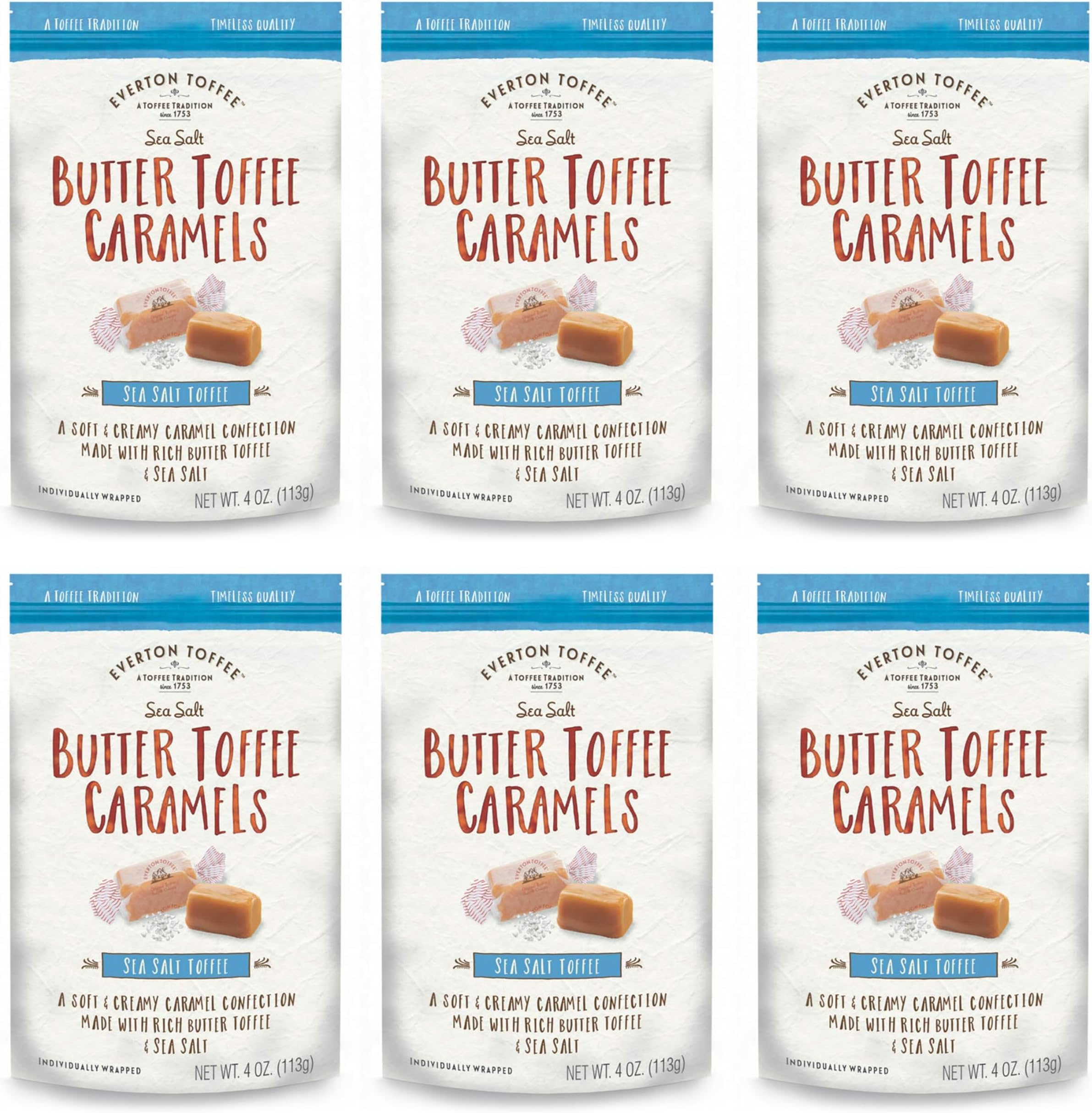 Everton Toffee Butter Toffee Caramels, Sea Salt Flavor (4 oz. bag, 6-pack). Gourmet, Artisan Soft and Creamy Toffee Caramels, Small Batch Crafted Carmel Candy Treats