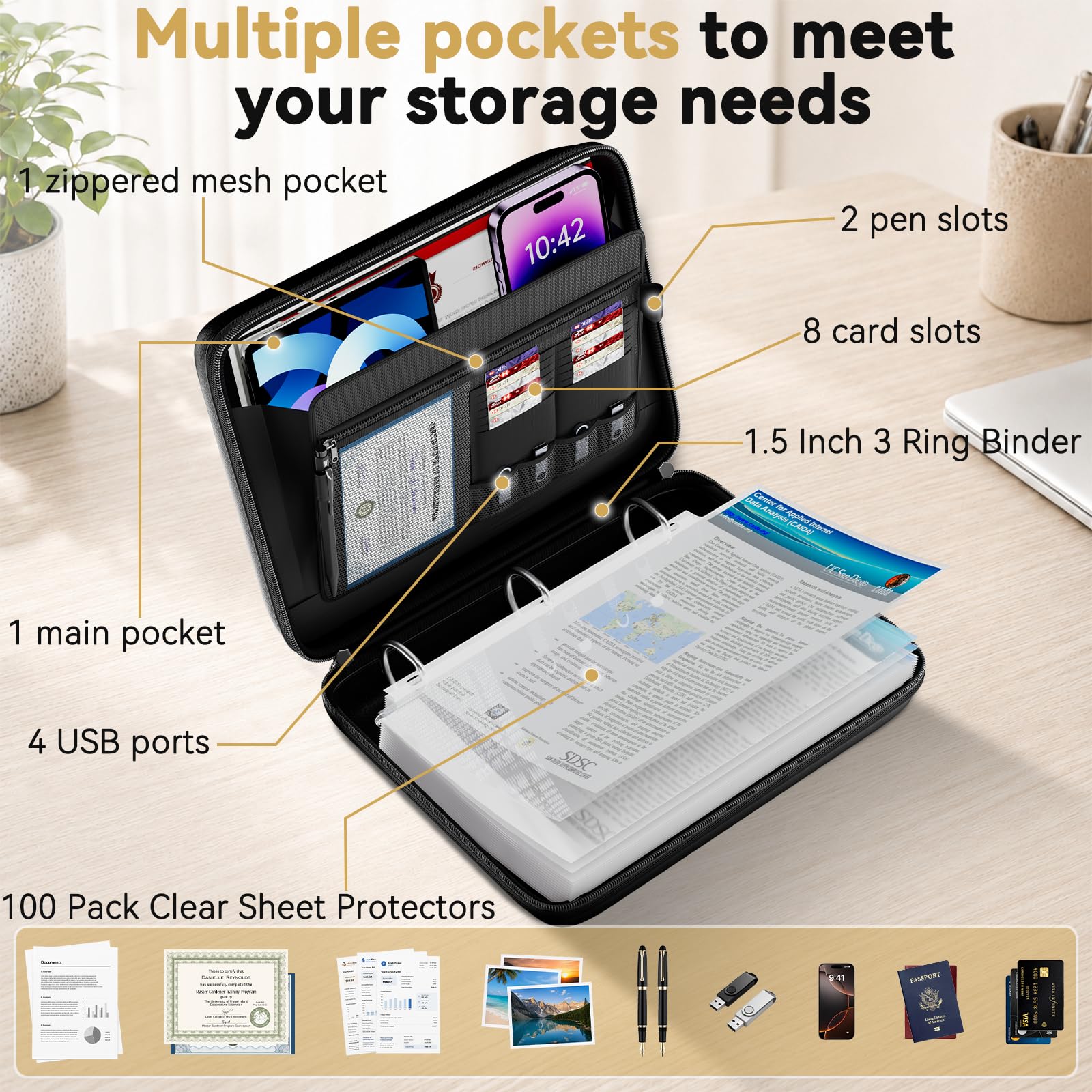 Tamfile Organizer ignifugo con raccoglitore ad anelli a D e 100 protezioni | Custodia rigida per documenti importante, con cerniera e serratura, protezione sicura per casa e ufficio, per formato lettera