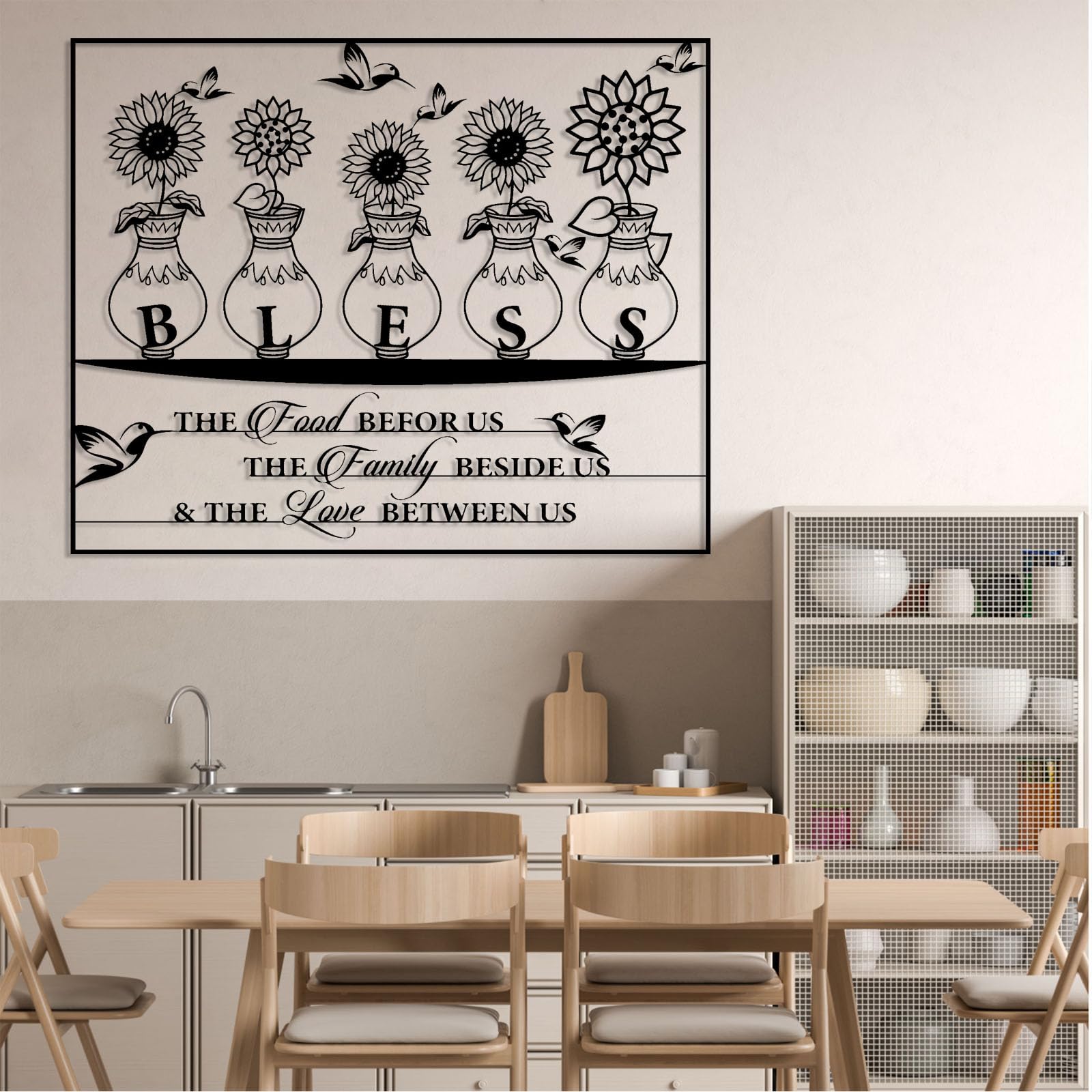 Generico Decoración de pared abstracta contemporánea de Metal, Bendice a la Familia, Amor, inspiración, palabras inspiradoras, decoración de girasol, hogar y cocina (Negro, 73 x 90 cm)