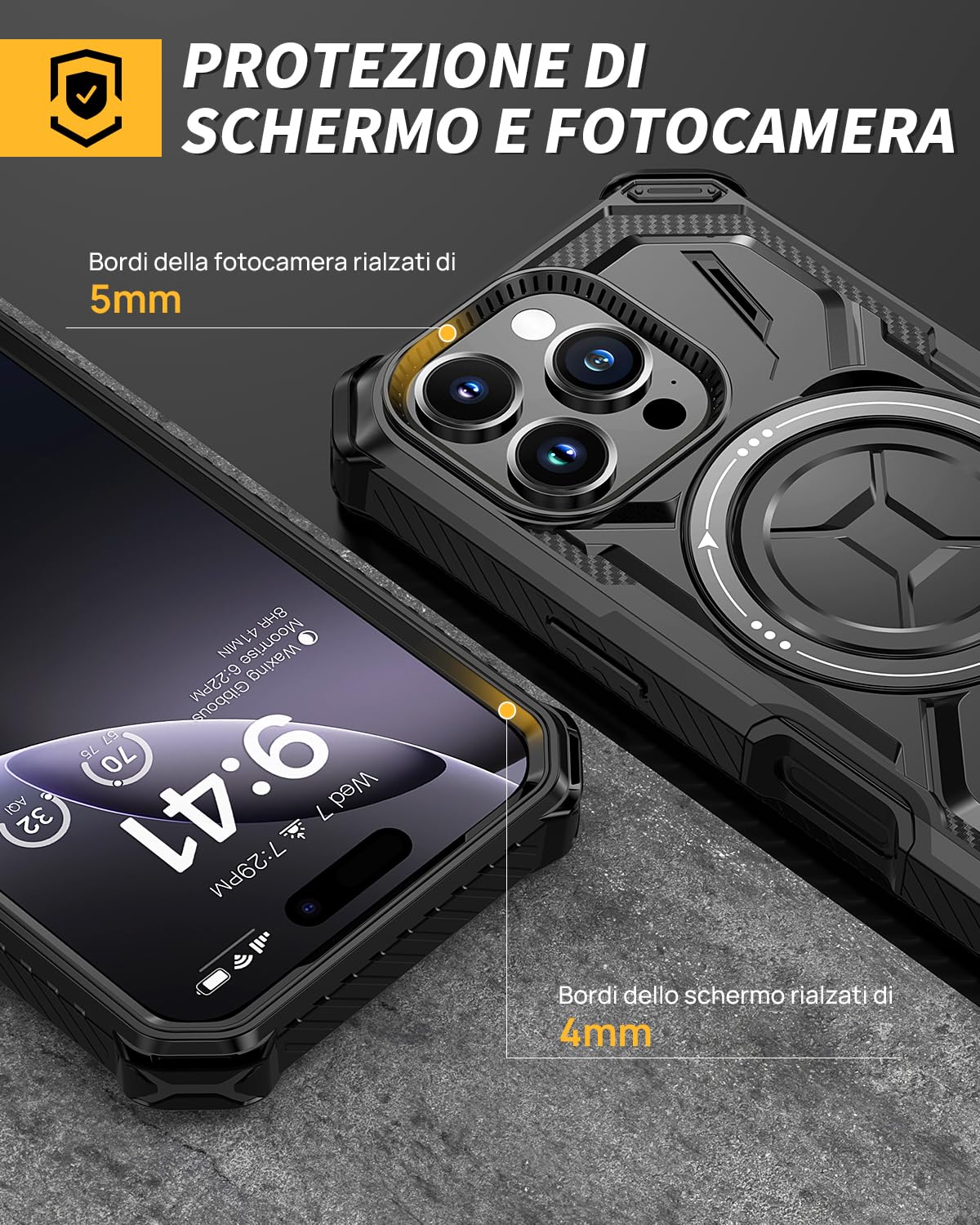 Lanhiem Cover per iPhone 16 PRO con 2 Pezzi Vetro Temperato, 14FT Antiurto Anticaduta Militare,Supporto Magnetico Anello a 360° Protezione Armor Protezione, Custodia per iPhone 16 PRO, Nero