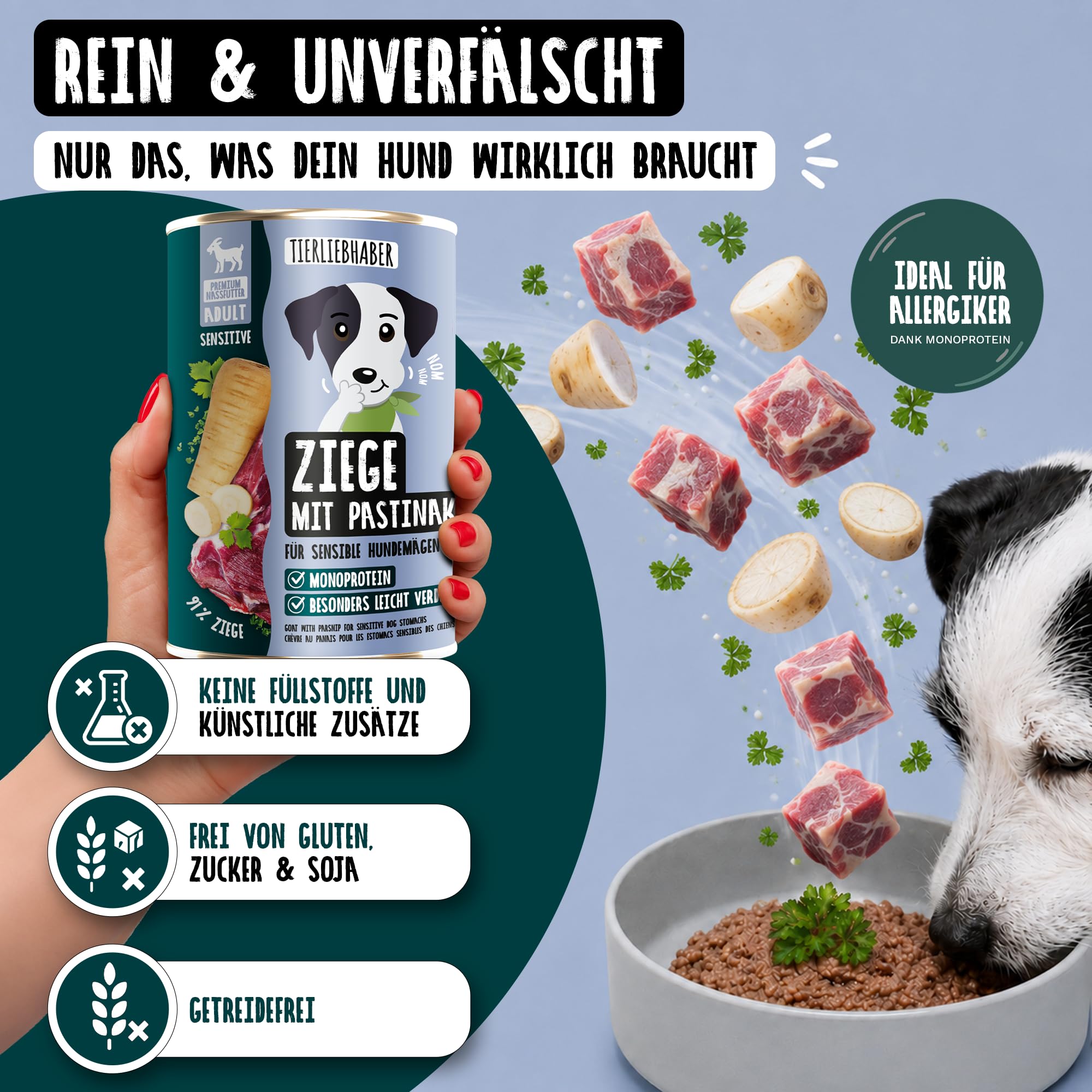 Hundefutter Nass 400g 12x Ziege mit Pastinake – Hunde Nassfutter Wet Dog Food tierärztlich entwickelt – Hundenassfutter 400g Dosen mit 91% Fleischanteil – Dog Food leicht verdaulich von TIERLIEBHABER