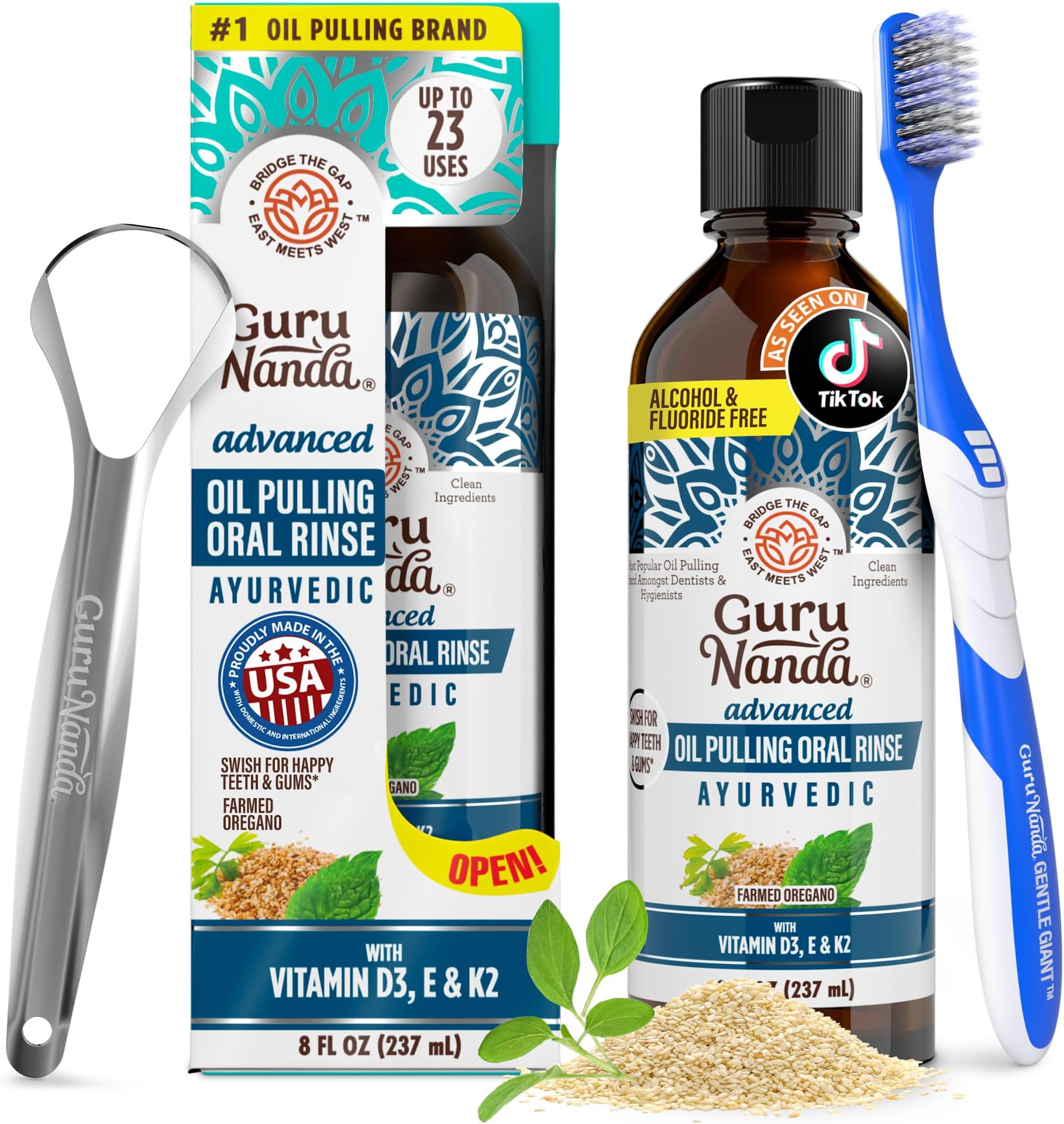 GuruNanda Advanced Formula Oil Pulling with Tongue Scraper for Healthy Teeth & Gums with Vitamin D,E - Coconut Oil Natural Mouthwash, Helps with Fresh Breath & Teeth Whitening (237mL)