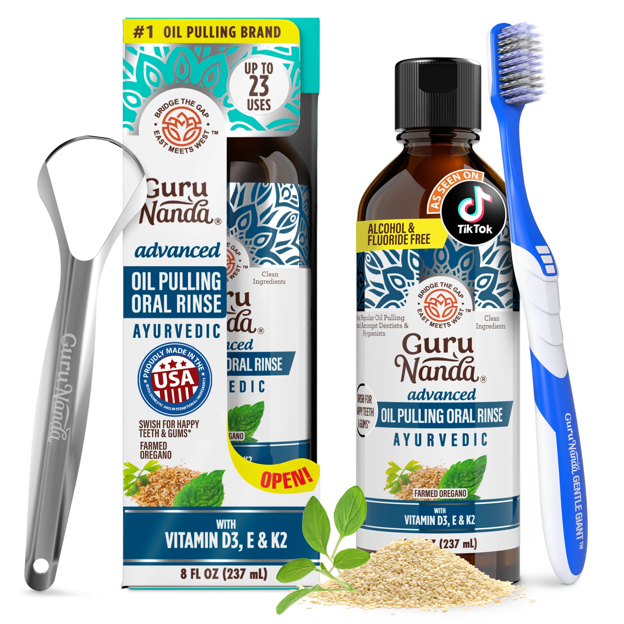 Advanced Formula Oil Pulling with Tongue Scraper for Healthy Teeth & Gums with Vitamin D,E - Coconut Oil Natural Mouthwash, Helps with Fresh Breath & Teeth Whitening (237mL)