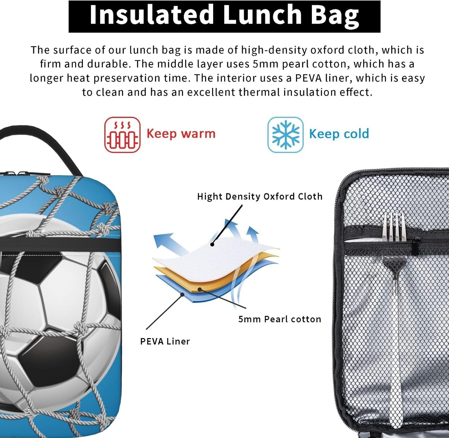 Insulated Lunch Box for Men Boys Kids Soccer Lunch Box for Work,Picnic,School,Travel,Hiking,Beach or Fishing Polyester Sport Soccer Theme Lunch Bag - Image 6