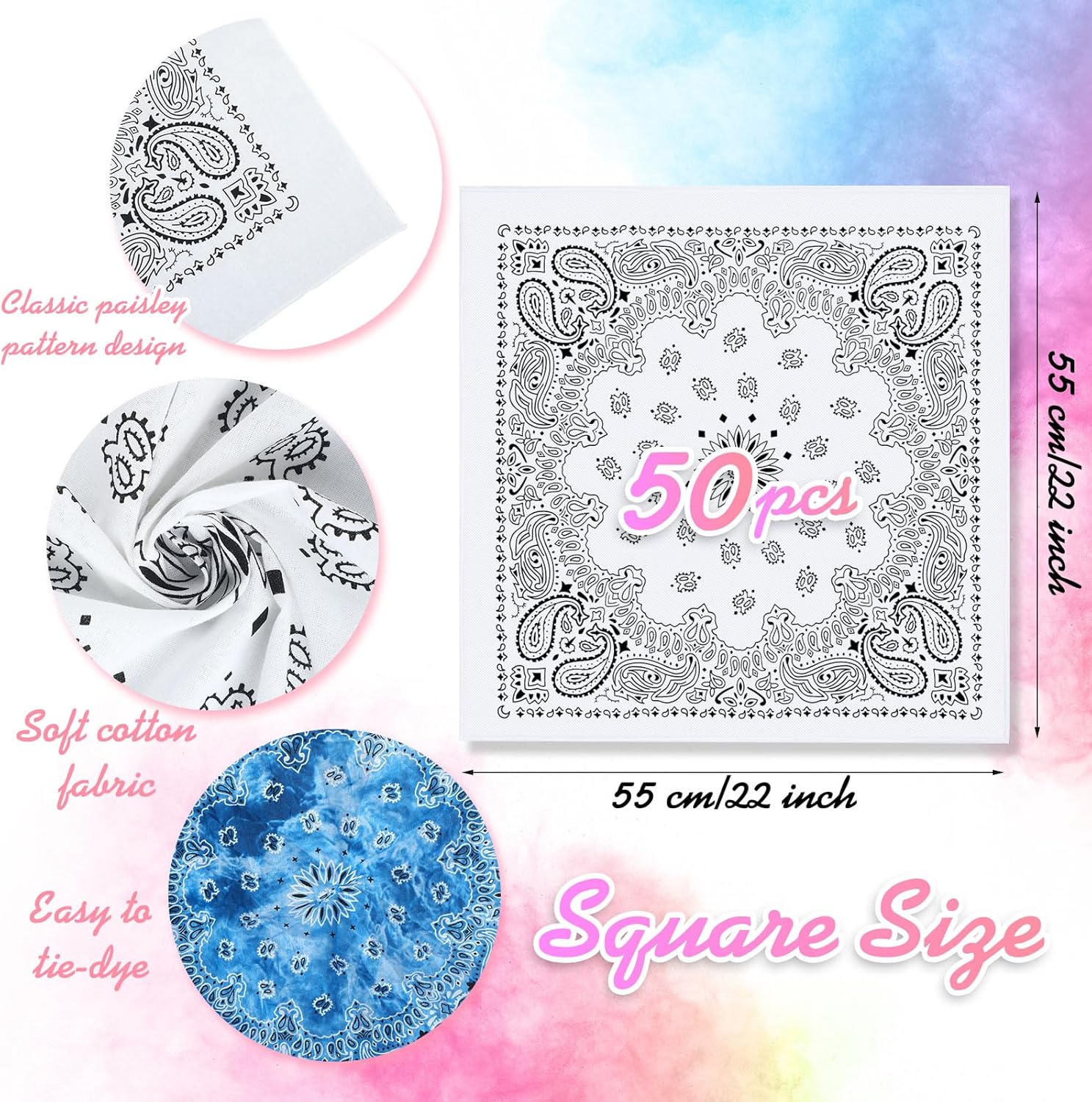 Bonuci White Bandana Bulk for Tie Dying Cotton Paisley DIY Scarf Bandana Multipurpose Head Wrap for Tie Dye Favors