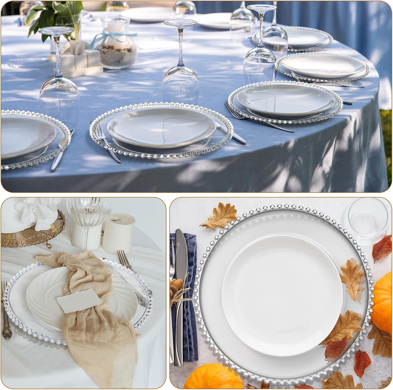 Hoolerry 50 Pcs Clear Charger Plates Bulk 13 Inch Plastic Round Dinner Plate with Beaded Rim Acrylic Round Plates Decorative Charger Service for Home Birthday Wedding Party Events Table Decor