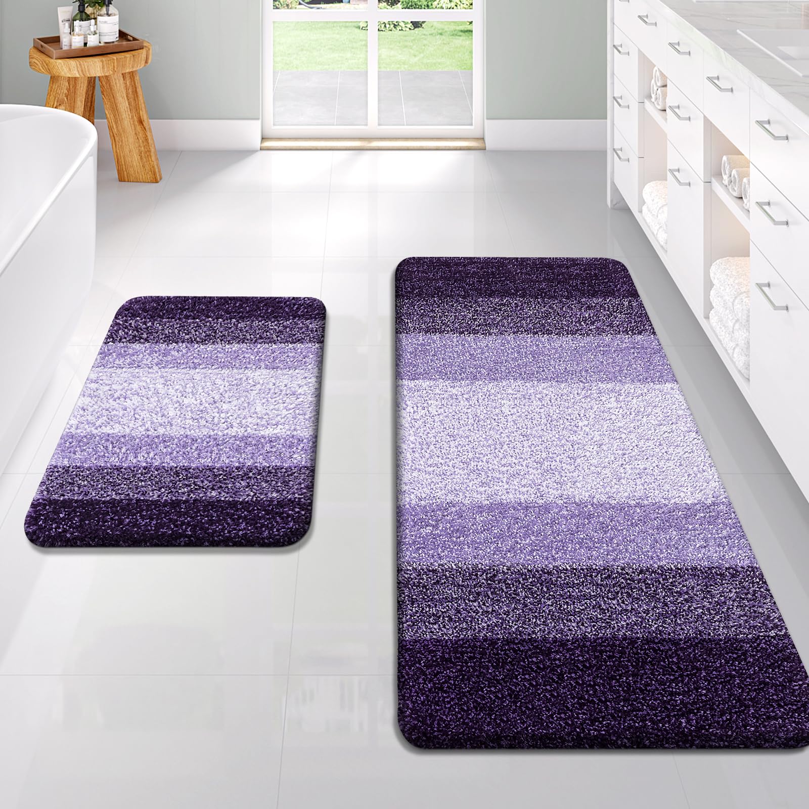 OLANLY Bathroom Rug Set 2 Piece, Soft Absorbent Microfiber Bath Rug Set, Non-Slip, Machine Wash Dry, Plush Shaggy Bath Mats for Bathroom (47"x20"+24"x16", Violet)