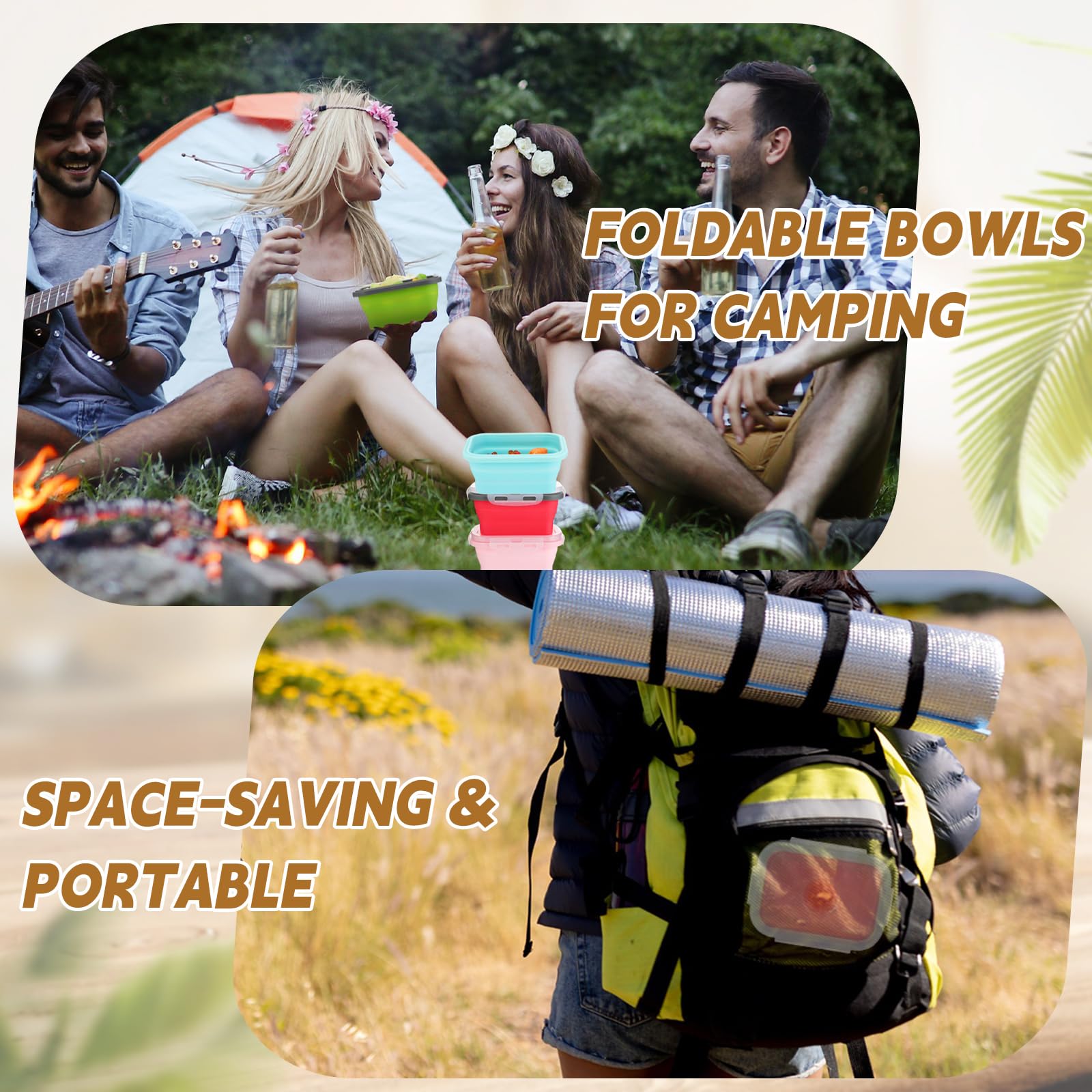 Potchen 4 cuencos de camping con tapas, cuencos plegables de silicona para viaje, 340.2 g, expandibles, juegos de recipientes de almacenamiento de alimentos, caja de ensalada portátil, cuenco plegable