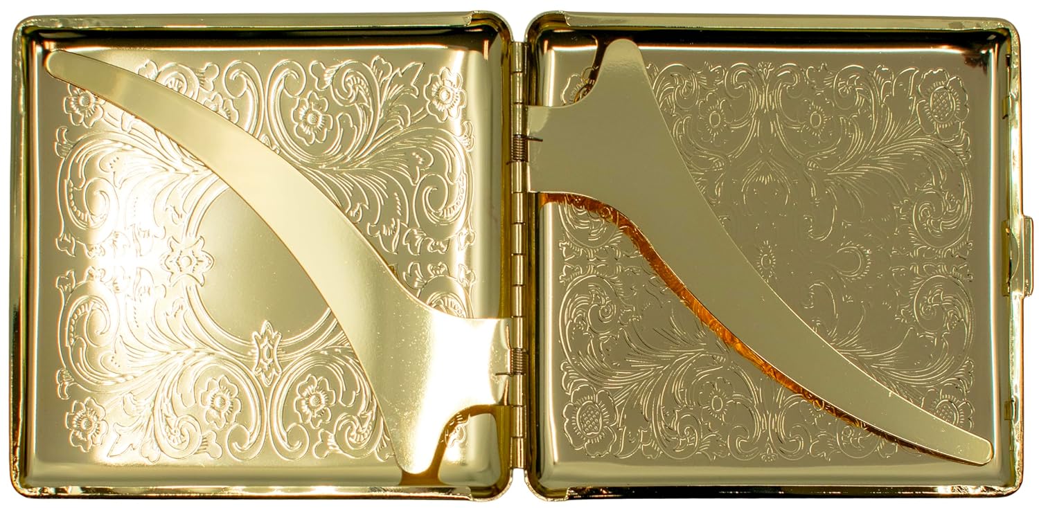 Set of 2 Metal-Plated King Size Cigarette Case & Stash Box (Gold Victorian Floral)