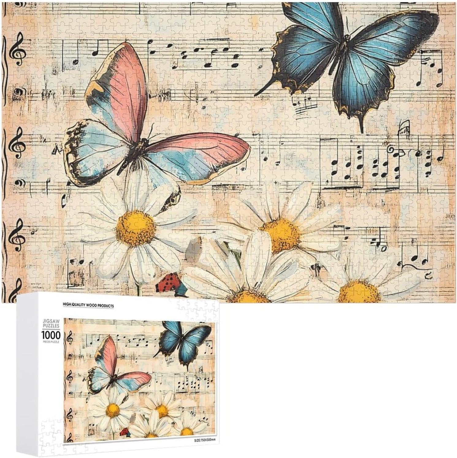 Vintage Butterflies Musical Notes Wood Puzzle Challenging Jigsaw Puzzles for Women Men