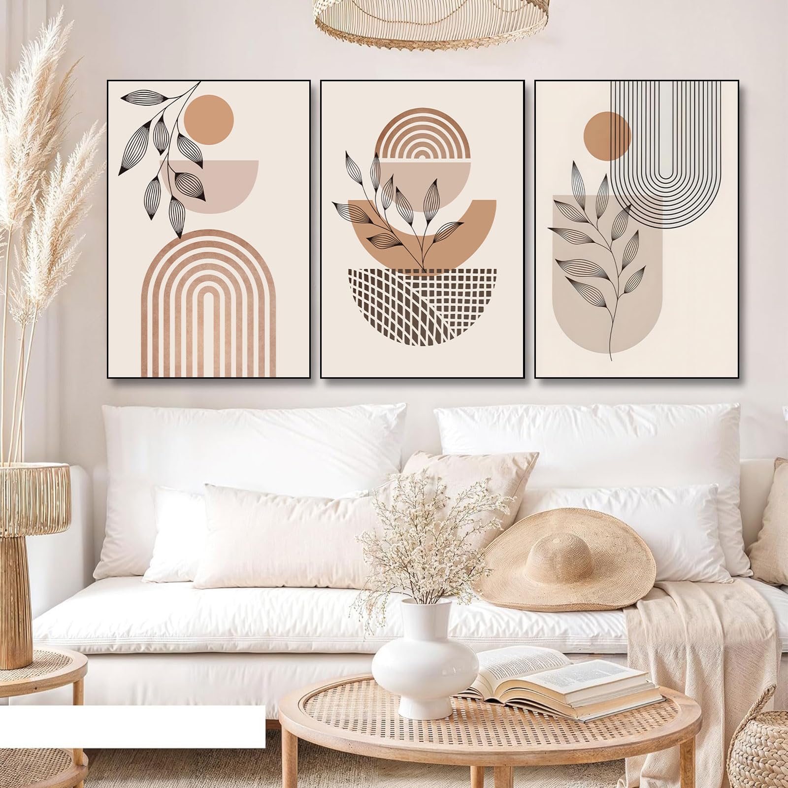 BNREDA Juego de 3 pósteres bohemios, línea abstracta en lienzo, arte de pared, póster moderno de línea geométrica, decoración para salón, dormitorio y sin marco (A, 60 x 90 cm x 3, sin marco)