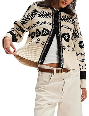 Womens Floral Long Sleeve Sweater Lapel Button Down Fall Winter Chunky Knit Cardigan Outerwear