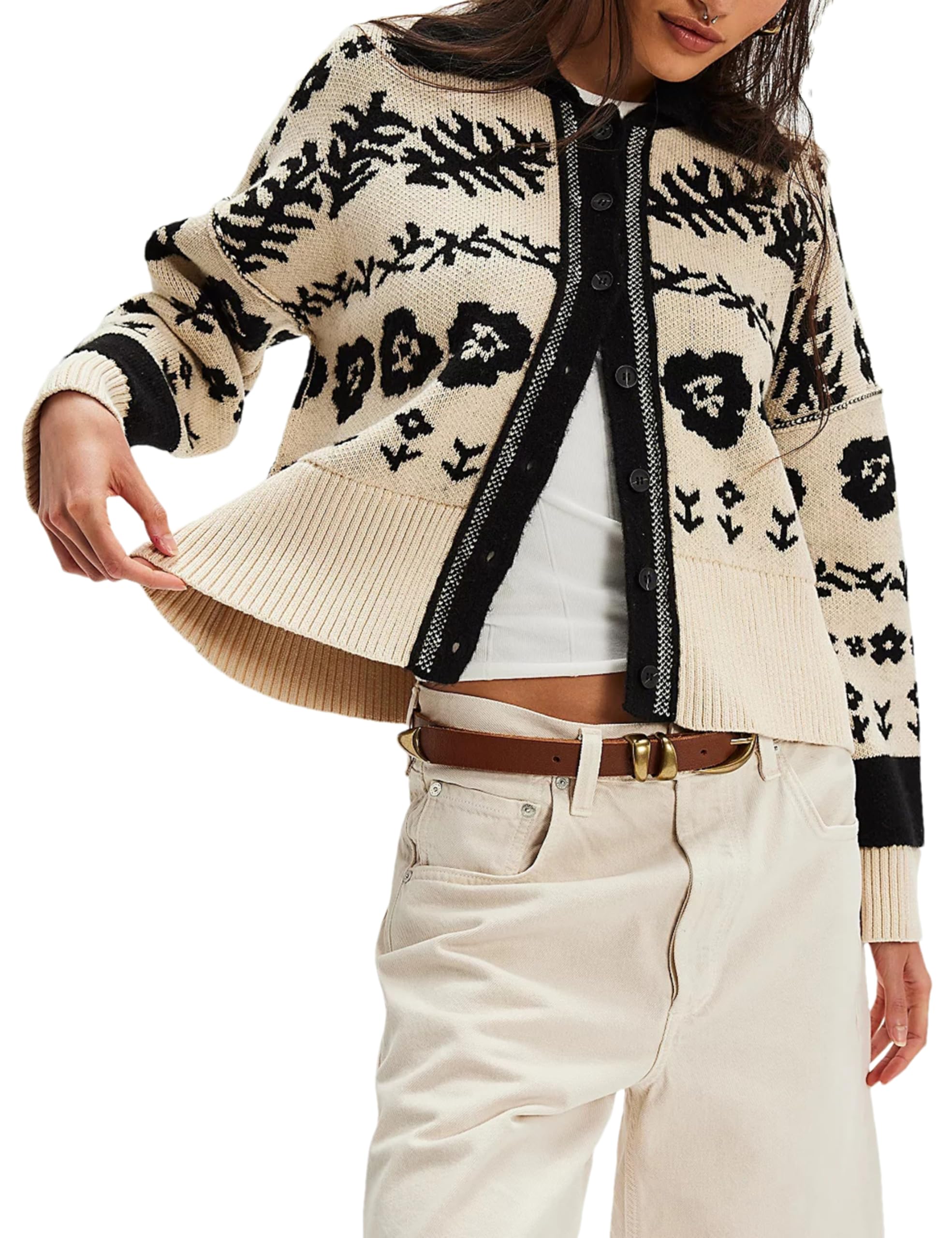 Womens Floral Long Sleeve Sweater Lapel Button Down Fall Winter Chunky Knit Cardigan Outerwear