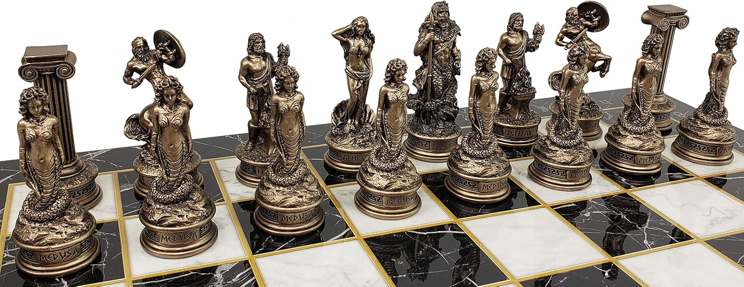 Greek Mythology Olympus Gods Zeus vs Poseidon Pewter and Bronze Color Chess Set with 17" Black and White Color Faux Marble Board