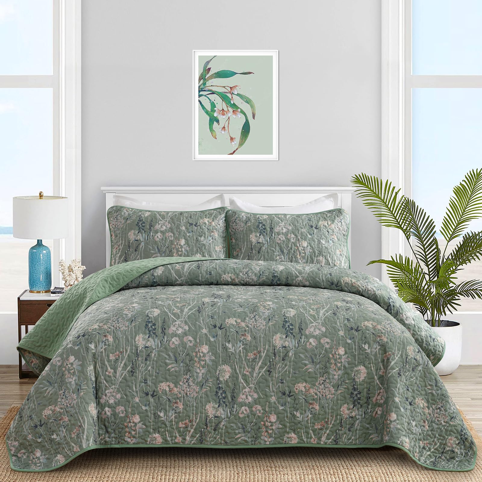 Photo 1 of Goodidea Queen Quilt Set, Sage Green Floral 3-Piece Bedding