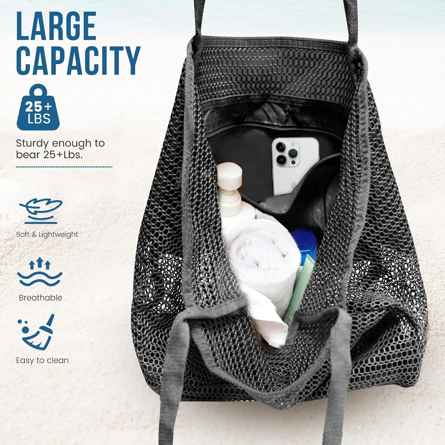 Beach Bags for Women, Summer Travel Mesh Tote Bag with Large Inner Pocket, Sandproof Woven Shoulder Handbag - Image 4